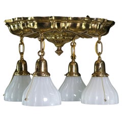 Antique Brass Ceiling Mount Down Light Pendant White Shades Restored