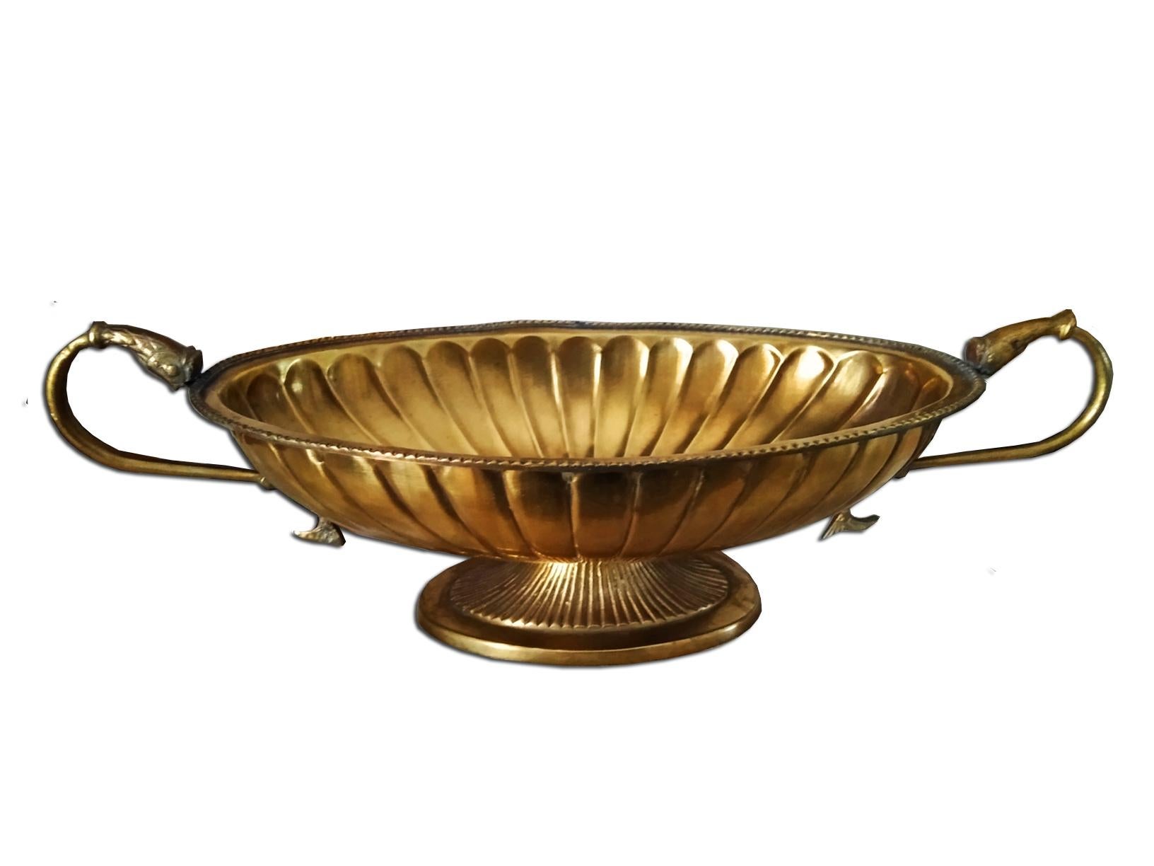  Gold Brass Centerpiece Oval With Neoclassical Grooves and Two Handl Style Form  For Sale 5