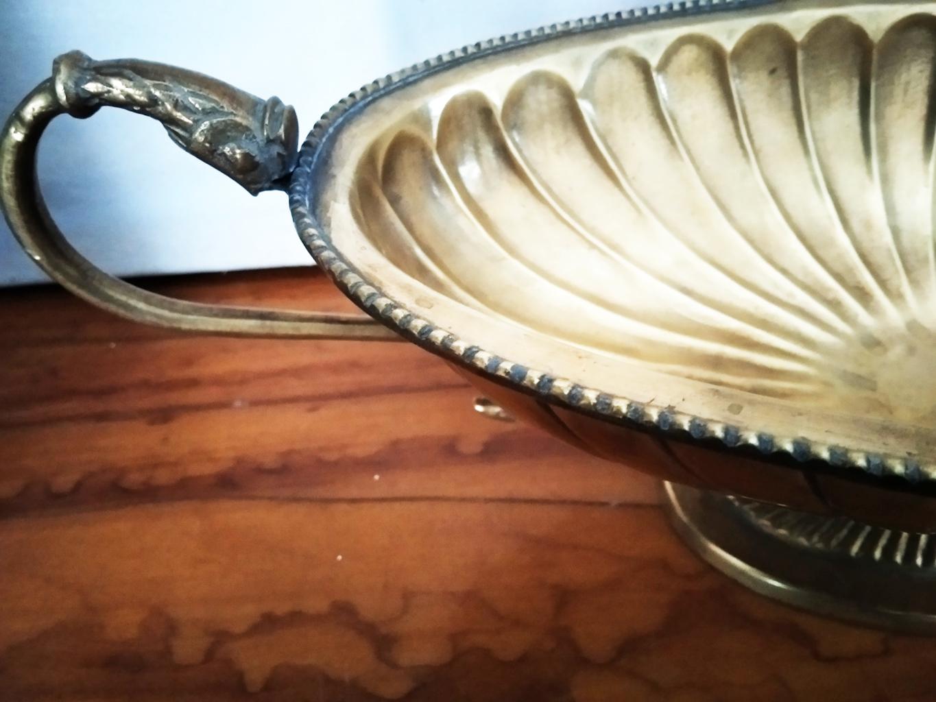  Gold Brass Centerpiece Oval With Neoclassical Grooves and Two Handl Style Form  For Sale 7