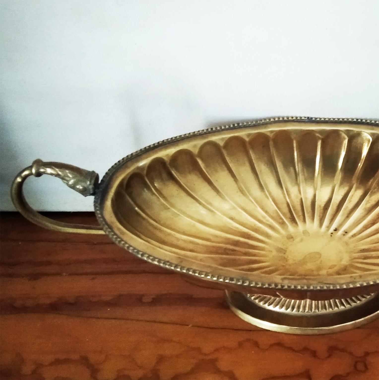  Gold Brass Centerpiece Oval With Neoclassical Grooves and Two Handl Style Form  In Good Condition For Sale In Mombuey, Zamora