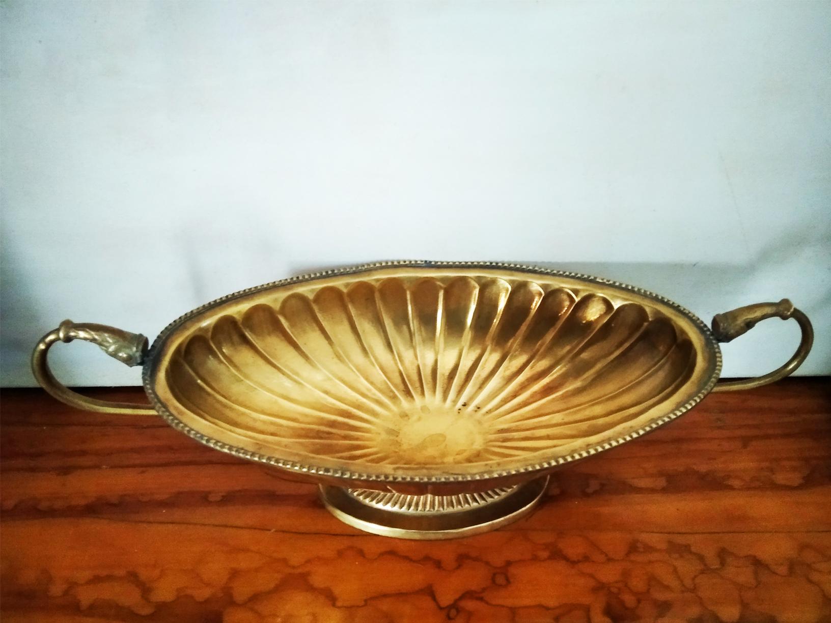 19th Century  Gold Brass Centerpiece Oval With Neoclassical Grooves and Two Handl Style Form  For Sale