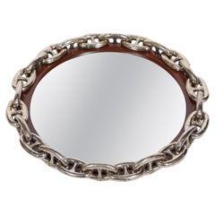 Vintage Brass Chain and Teak Wood Nautical, Marine Industrial Mirror