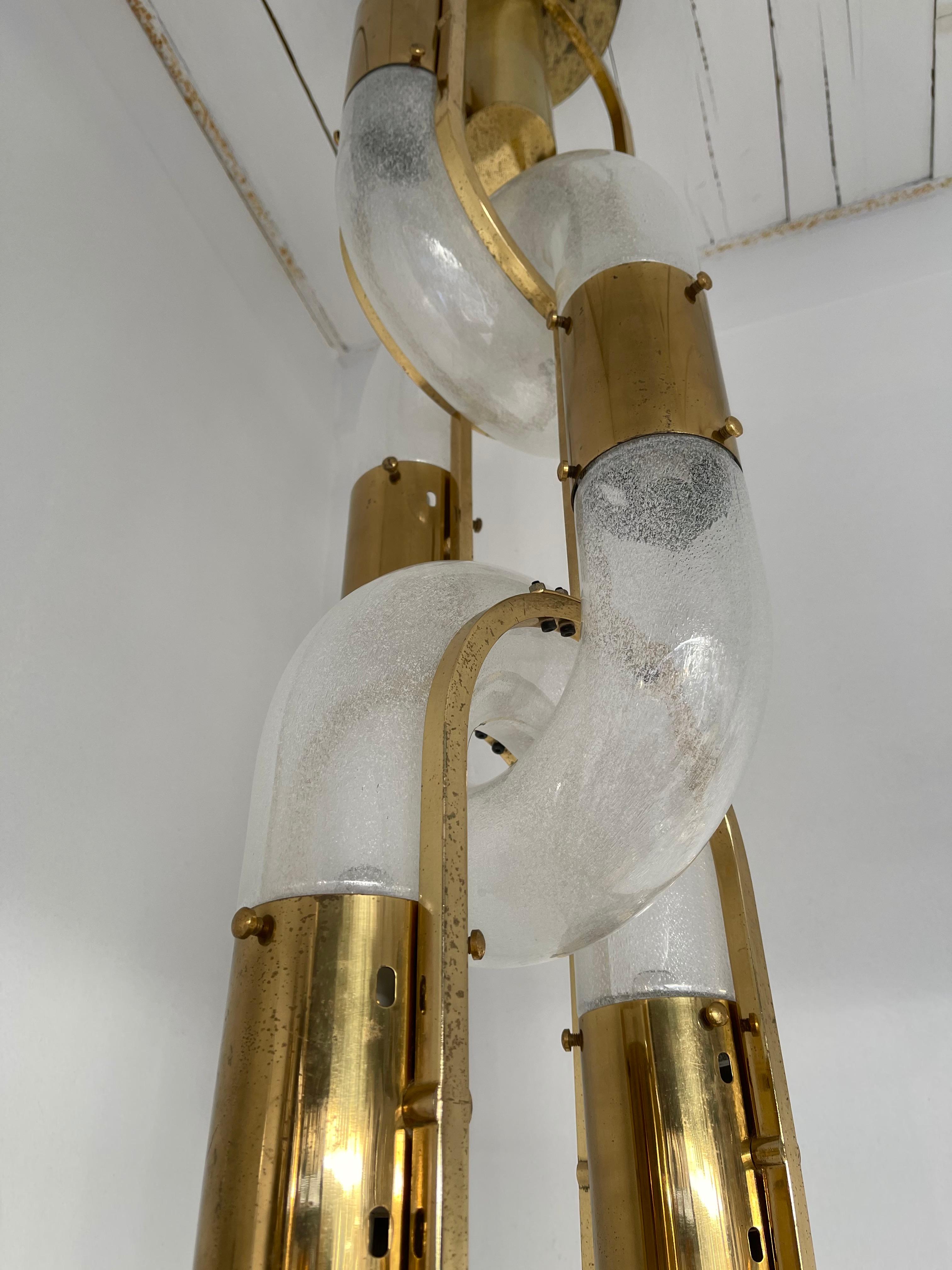 Space Age Brass Chain Chandelier Murano Glass by Aldo Nason for Mazzega, Italy, 1970s