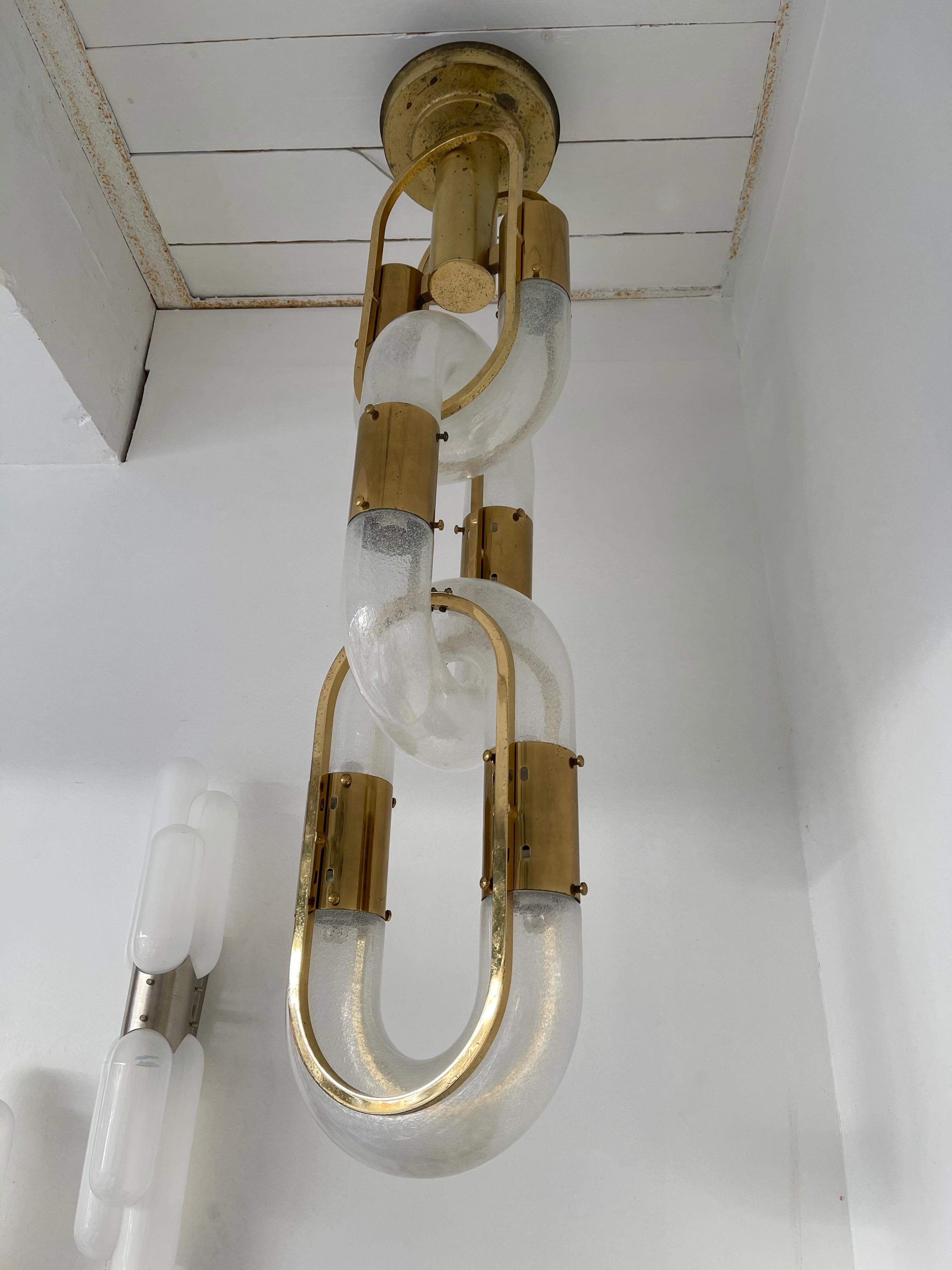 Blown Glass Brass Chain Chandelier Murano Glass by Aldo Nason for Mazzega, Italy, 1970s