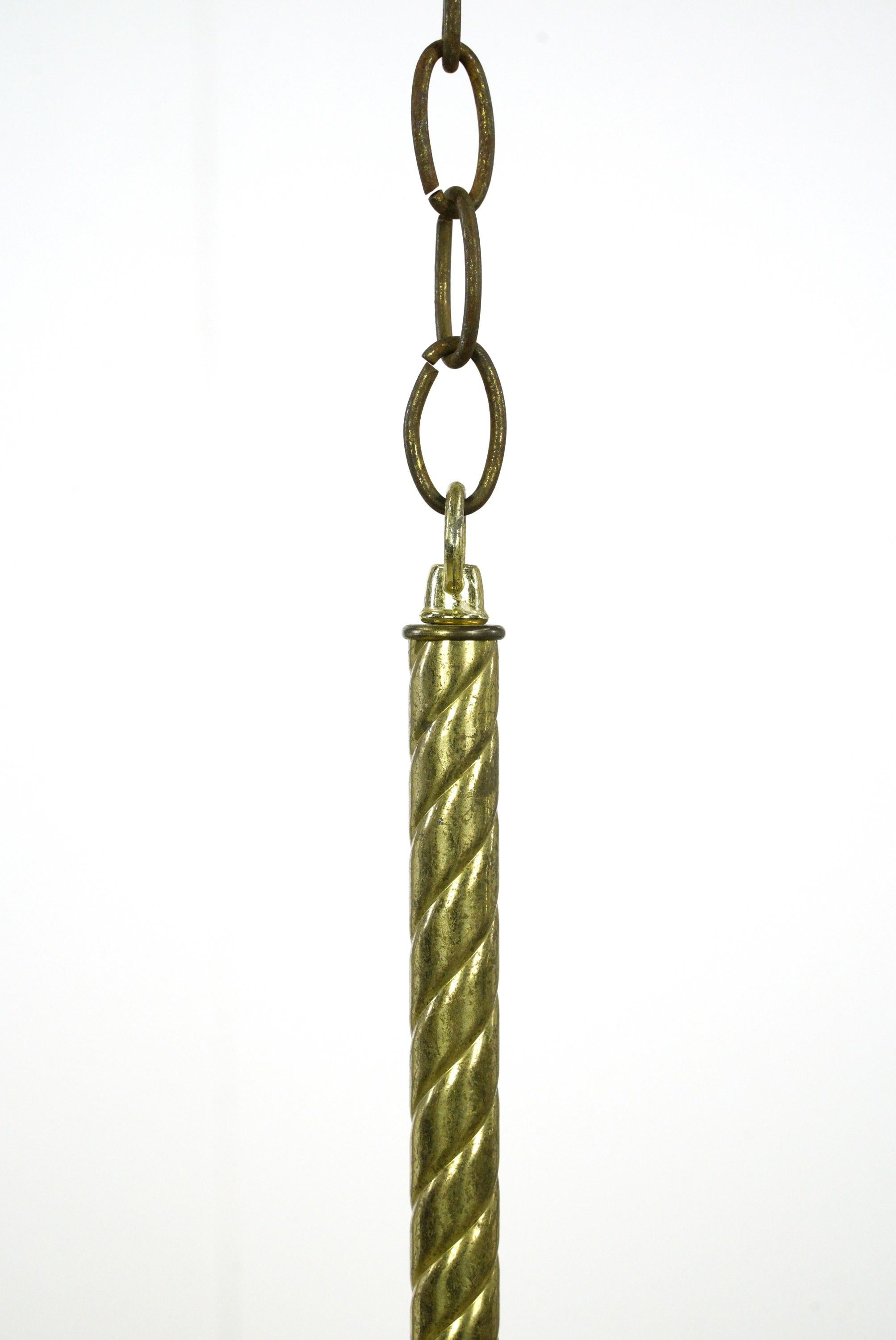 Brass Chain Ruffled Green Glass Shade Pendant Light For Sale 6