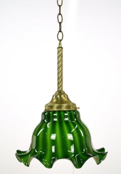 Brass Chain Ruffled Green Glass Shade Pendant Light