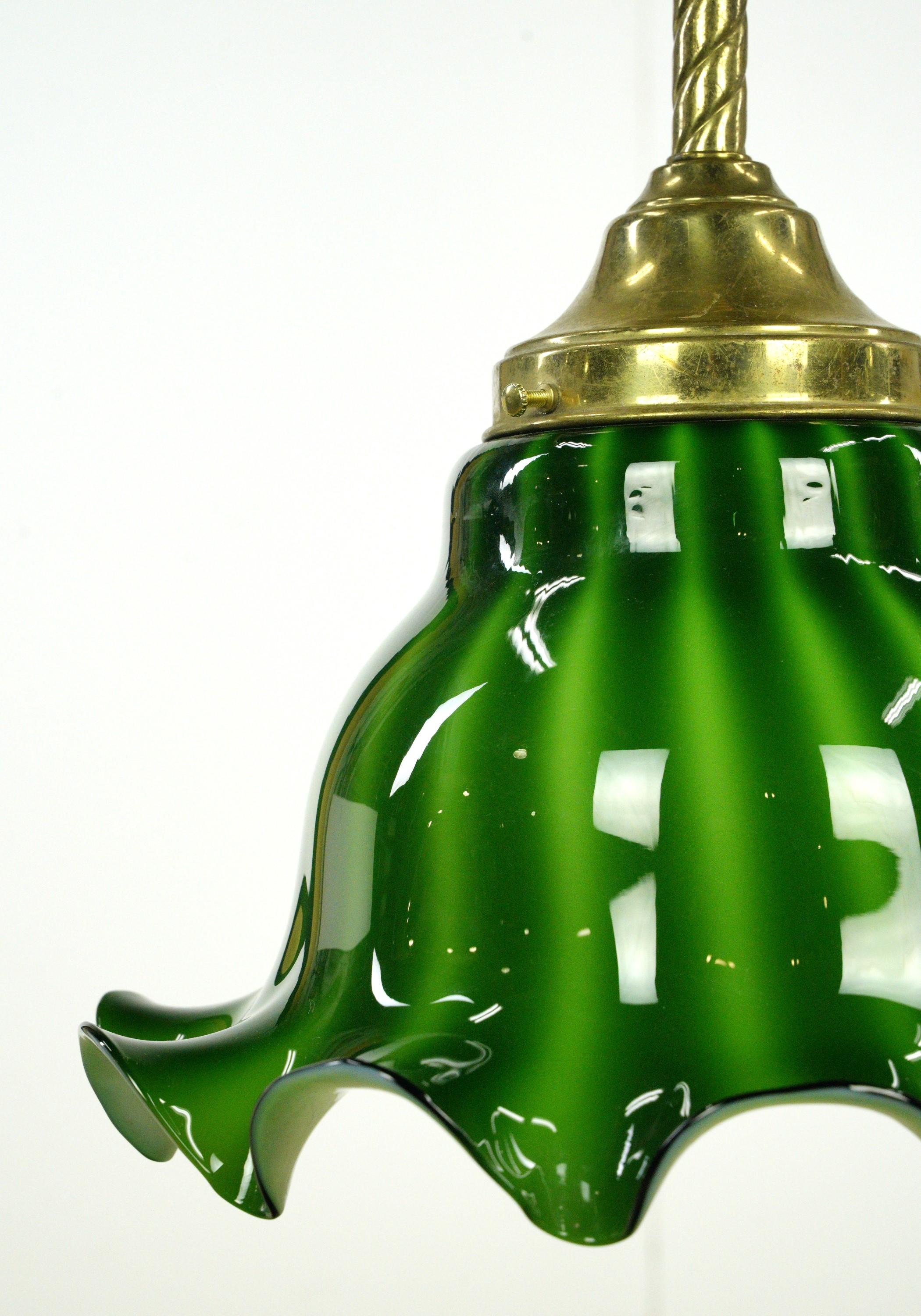 20th Century Brass Chain Ruffled Green Glass Shade Pendant Light For Sale