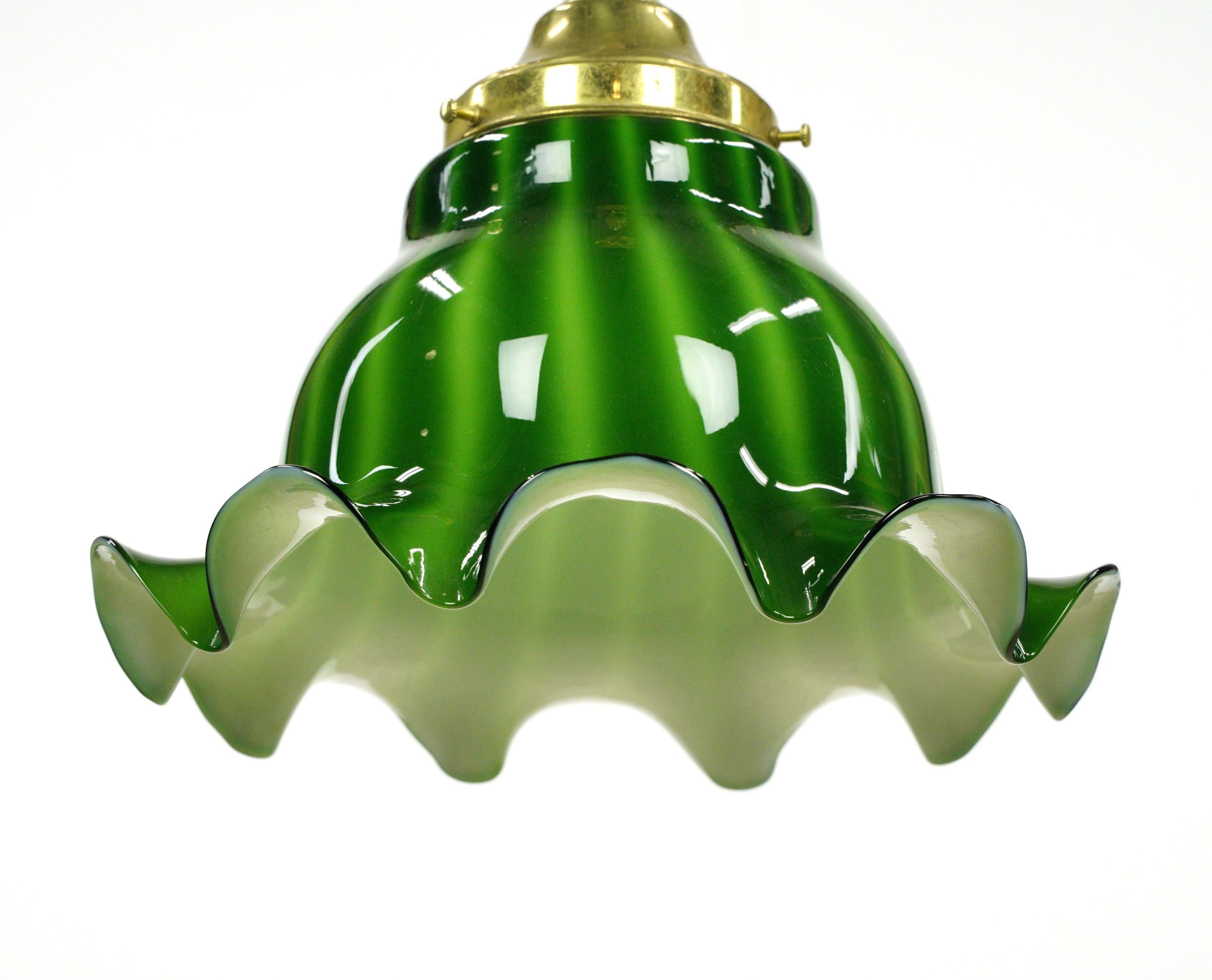 Brass Chain Ruffled Green Glass Shade Pendant Light For Sale 1