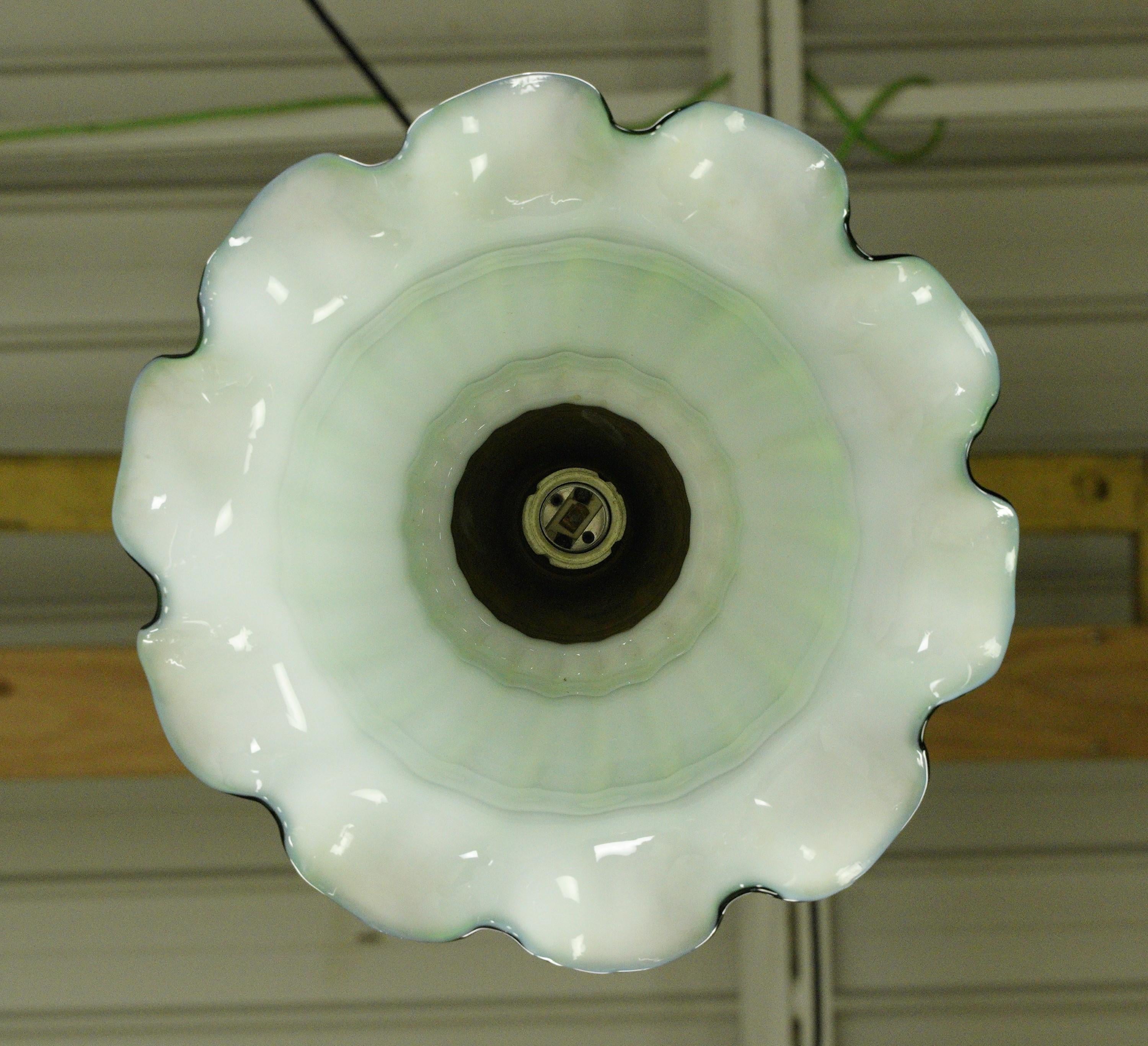 Brass Chain Ruffled Green Glass Shade Pendant Light For Sale 2
