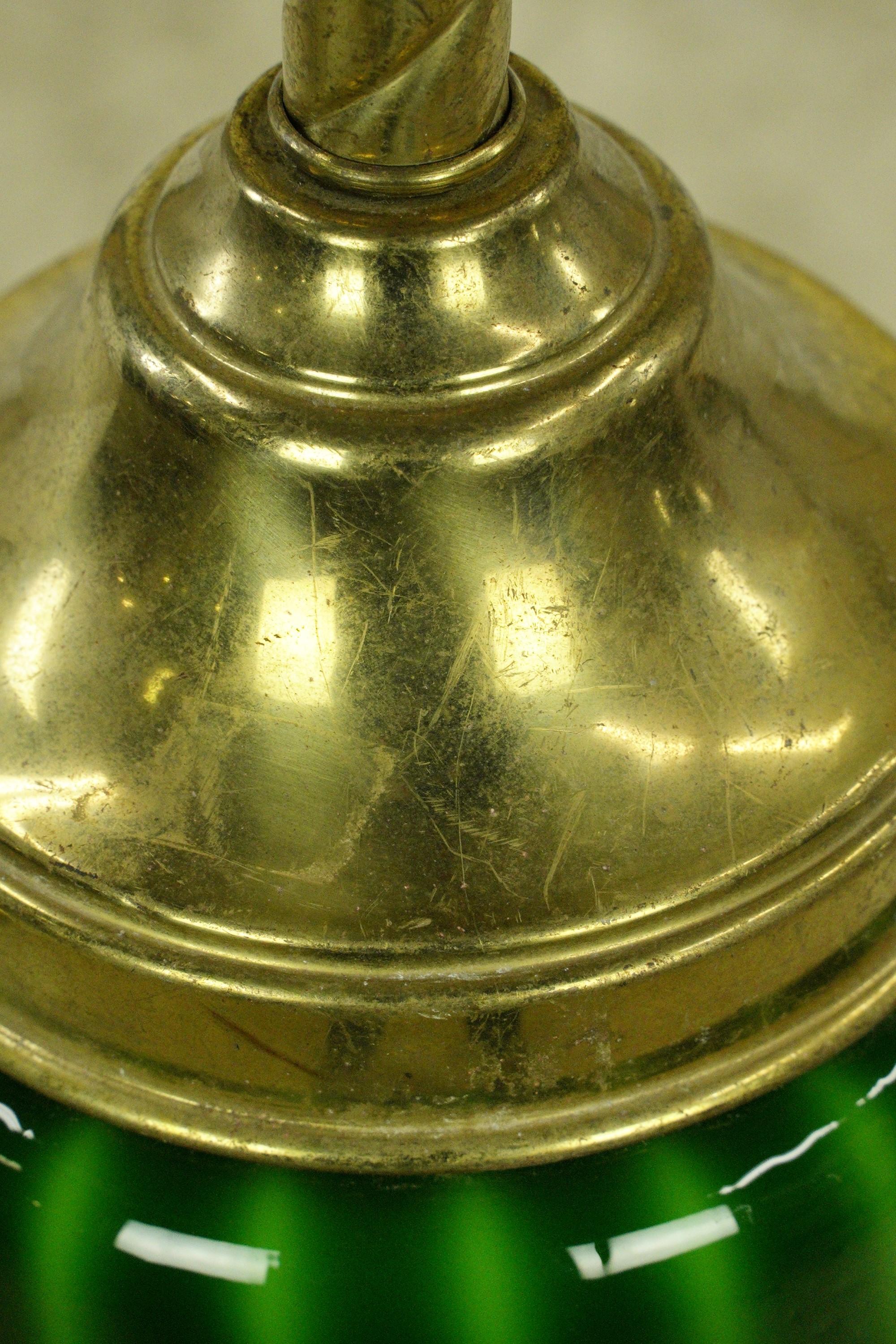 Brass Chain Ruffled Green Glass Shade Pendant Light For Sale 3