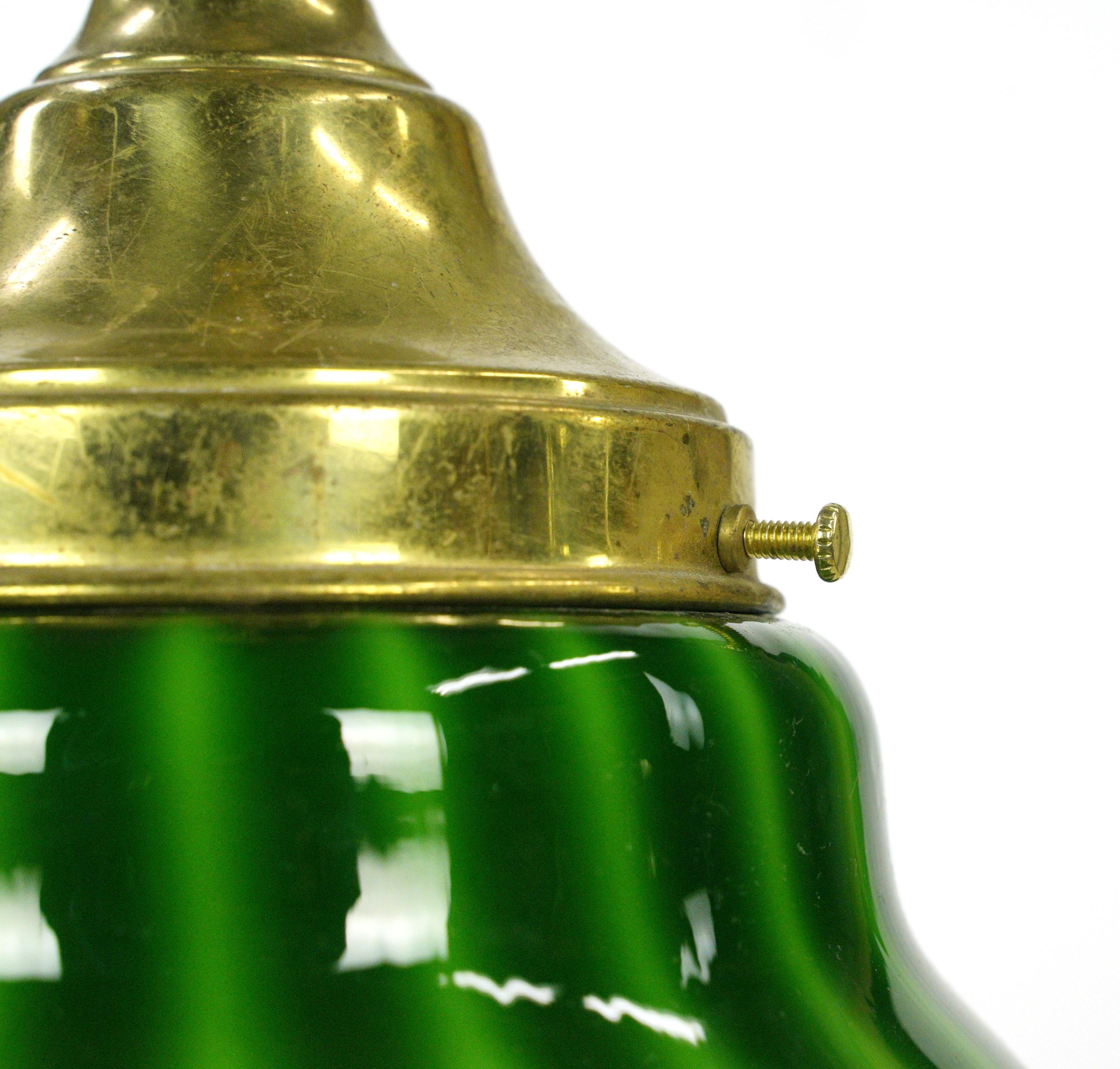 Brass Chain Ruffled Green Glass Shade Pendant Light For Sale 4