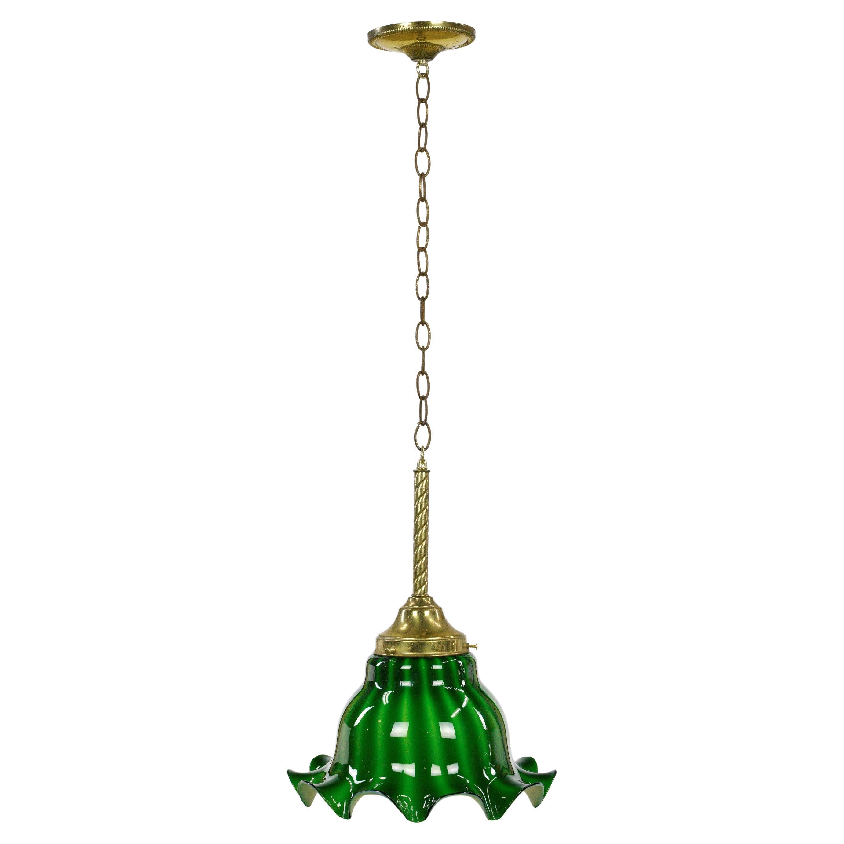 Brass Chain Ruffled Green Glass Shade Pendant Light For Sale