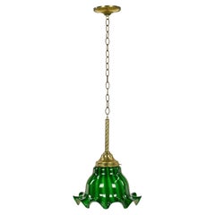 Vintage Brass Chain Ruffled Green Glass Shade Pendant Light