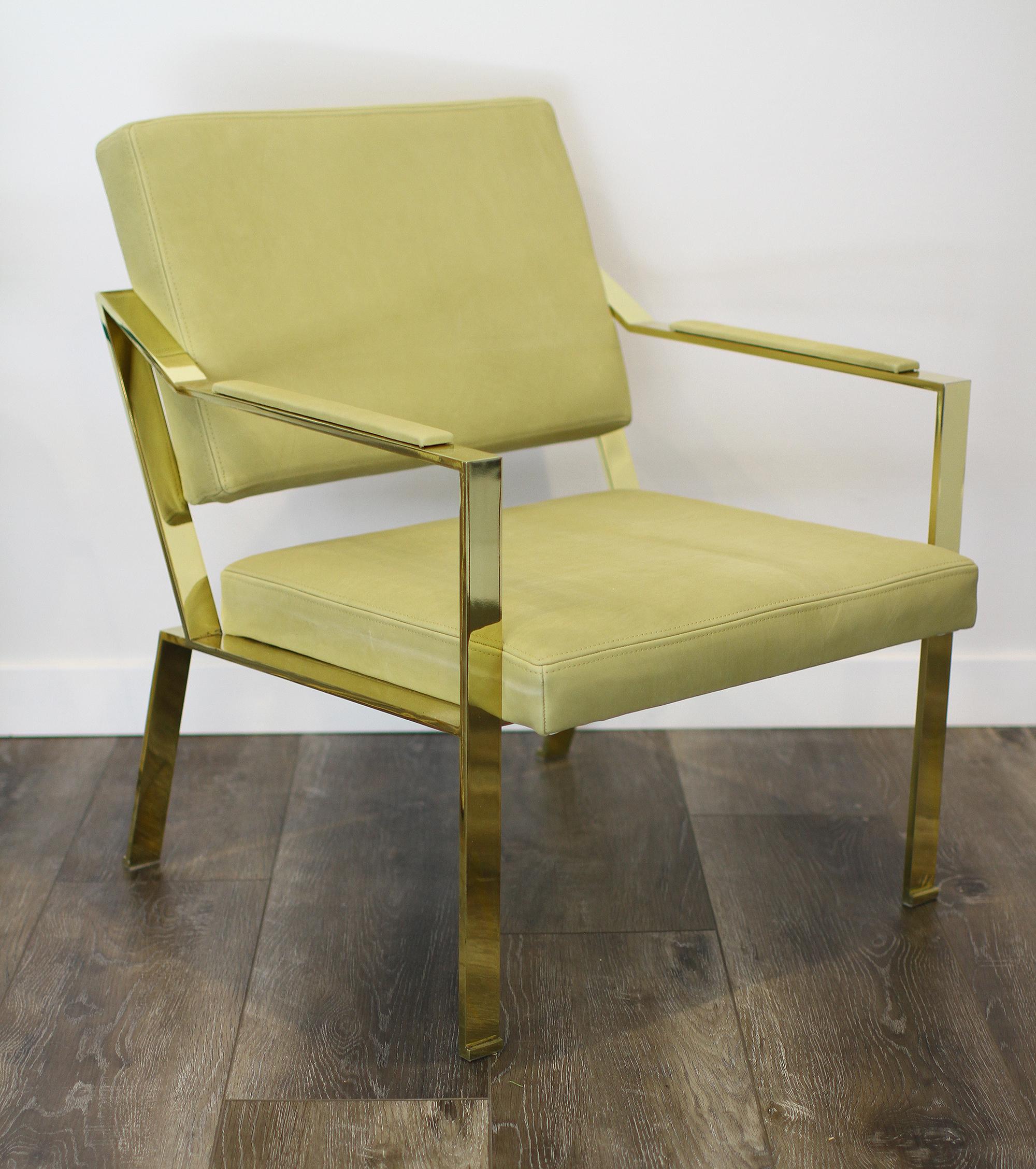 Contemporary Very elegant pair of Gilt Iron chairs covered in light green leather. For Sale