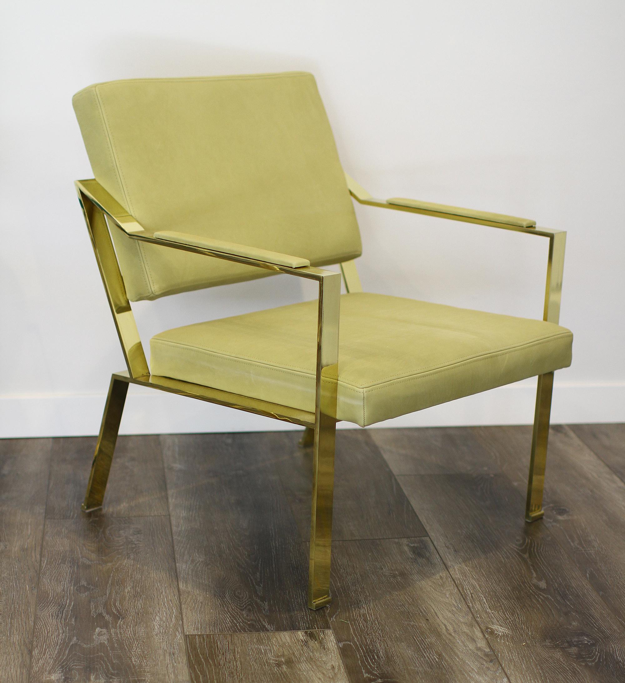 Very elegant pair of Gilt Iron chairs covered in light green leather. For Sale 1