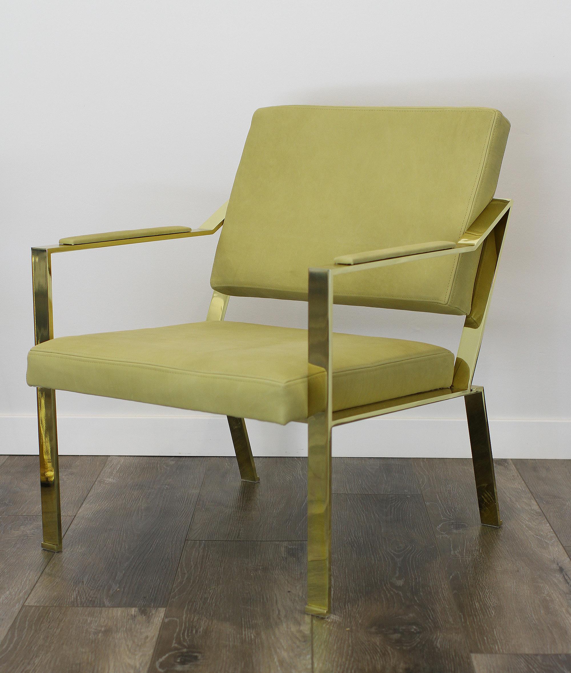 Very elegant pair of Gilt Iron chairs covered in light green leather. For Sale 3