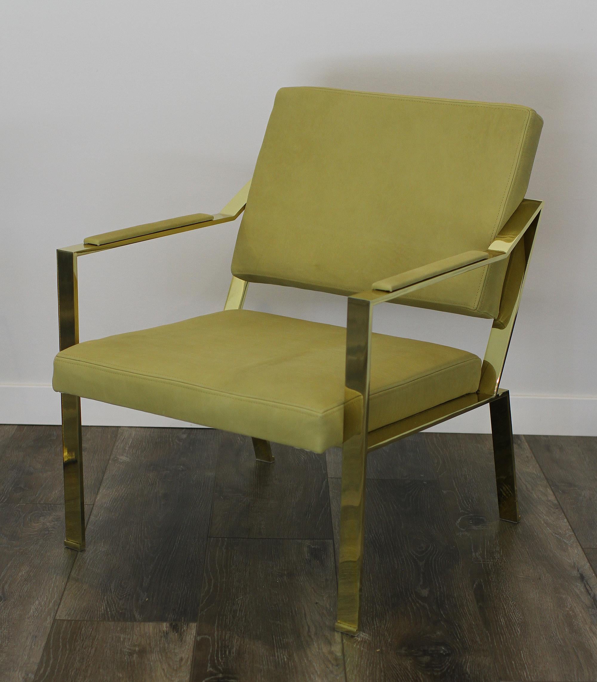 Very elegant pair of Gilt Iron chairs covered in light green leather. For Sale 4