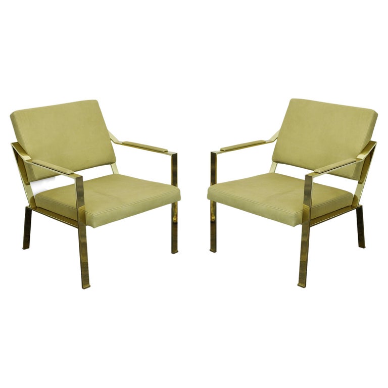 Very elegant pair of Gilt Iron chairs covered in light green leather