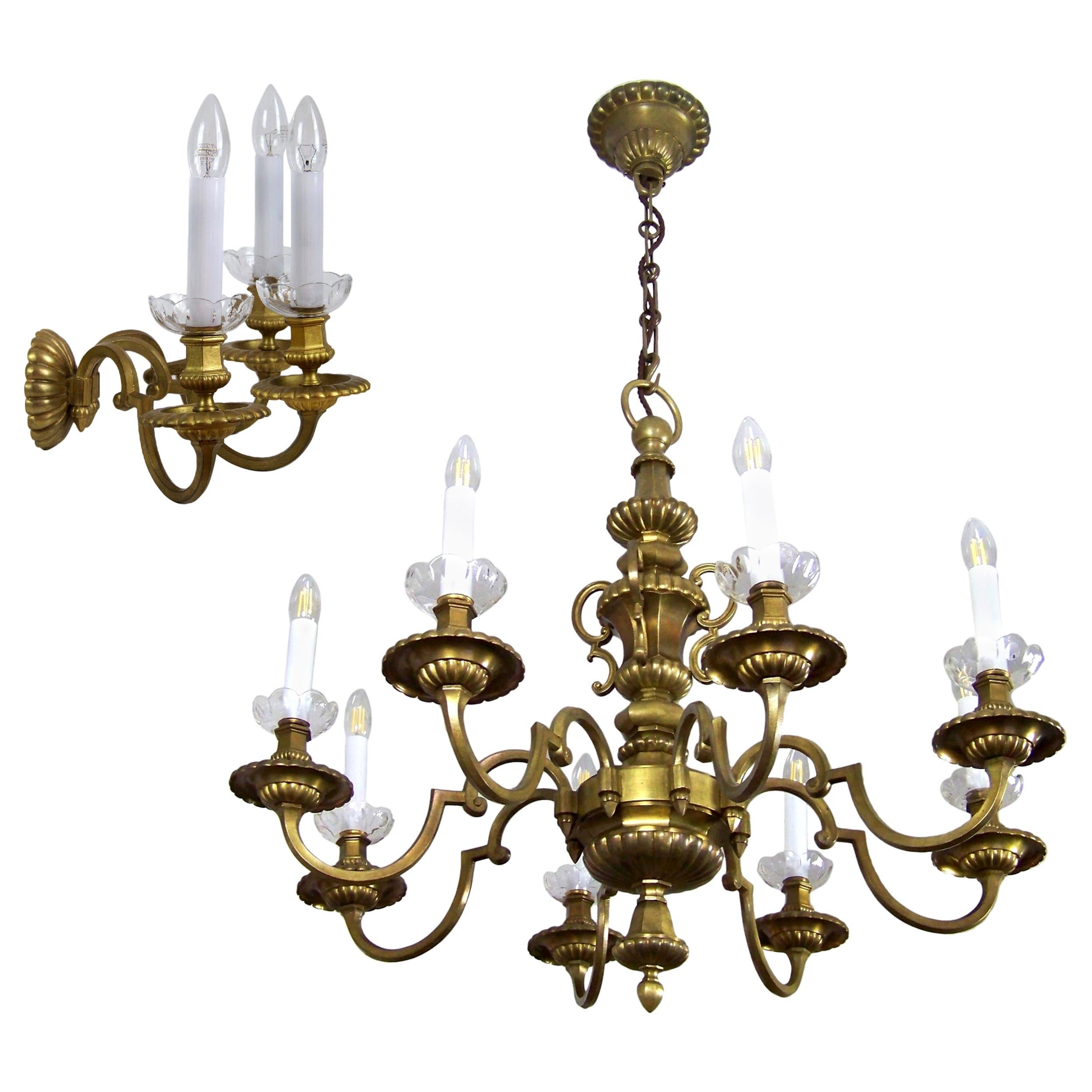 Brass Chandelier and Wall Light, circa 1900