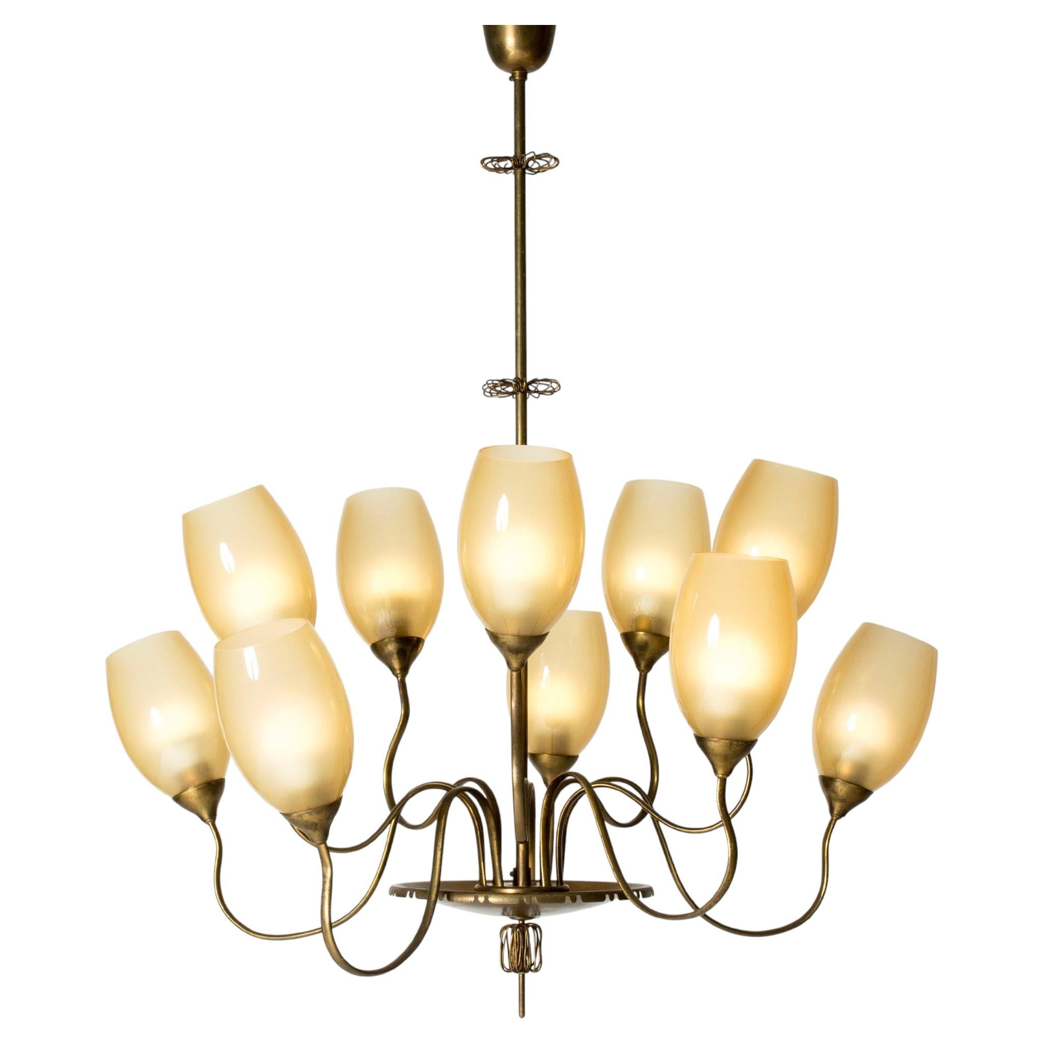 Brass Chandelier by Paavo Tynell, Scandinavian Modern, Finland, 1940s