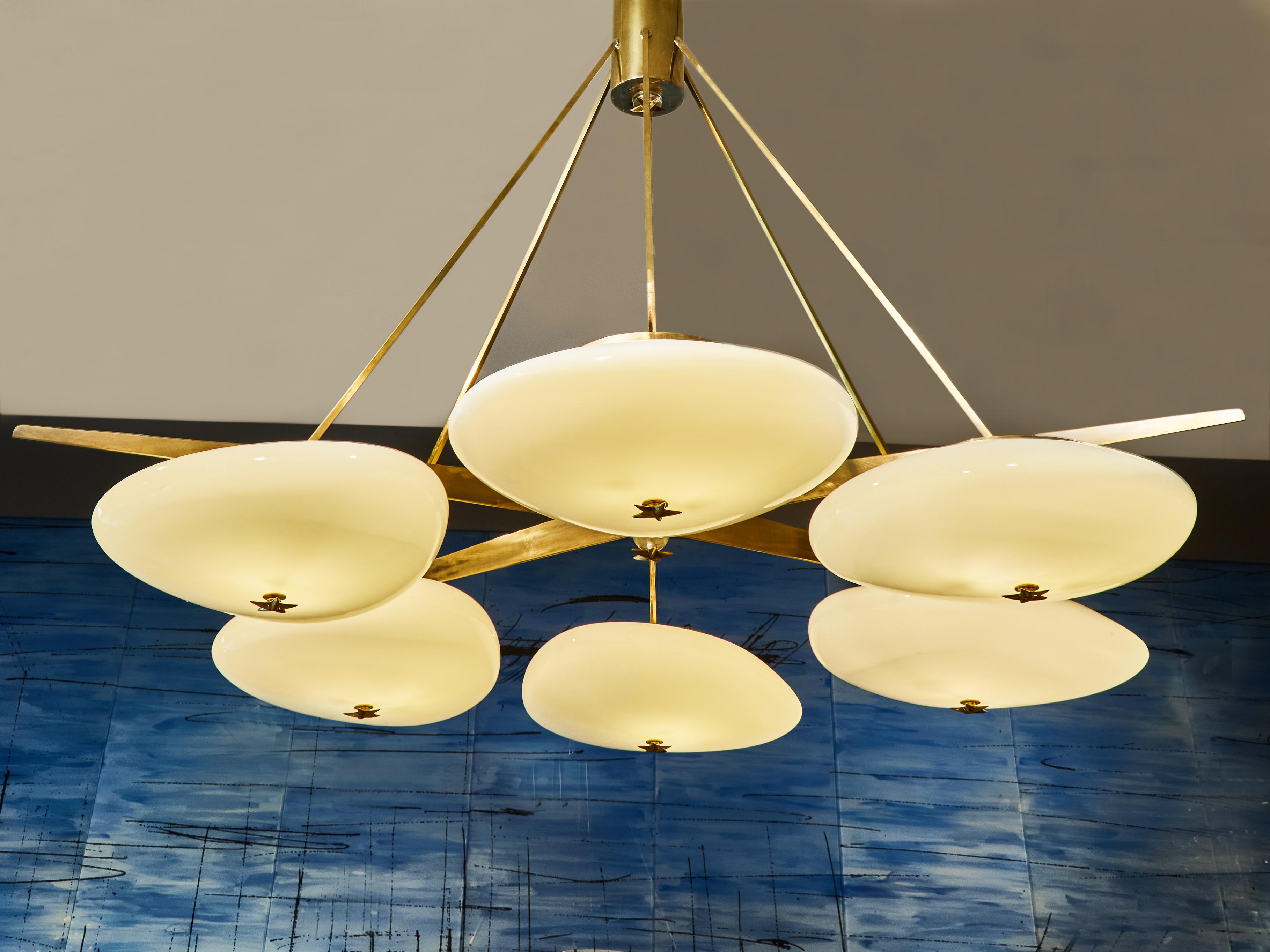 Important chandelier in brass with 6 opaline glasses. 
Creation by Studio Glustin.
France, 2022.