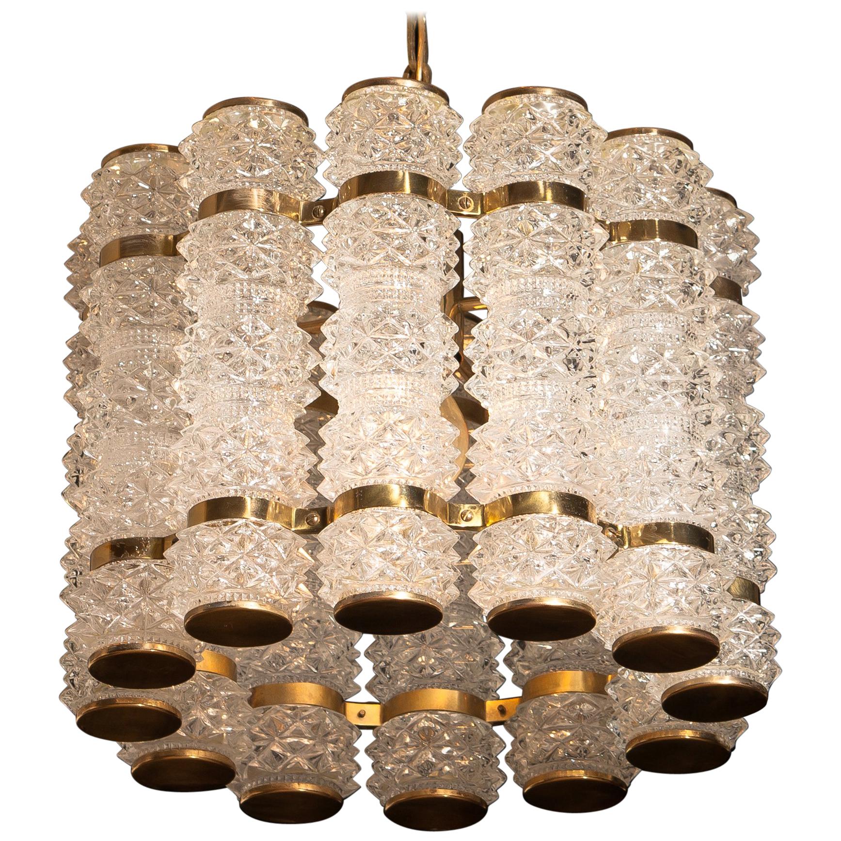 Brass Chandelier by Tyringe Sweden with Twelve Crystal Cilinders by Orrefors