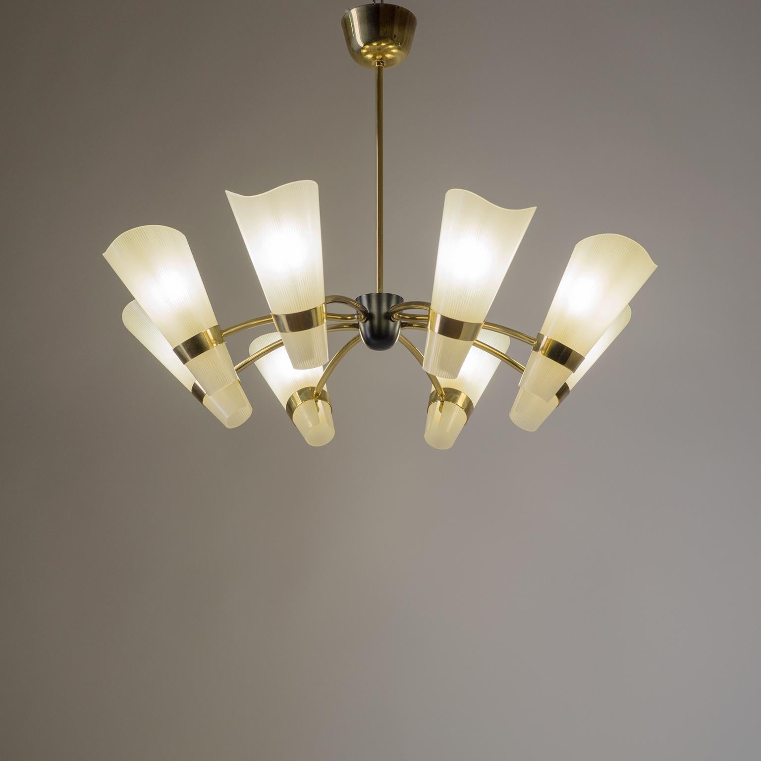 Brass Chandelier, circa 1960, Ivory Enameled Glass Shades 11