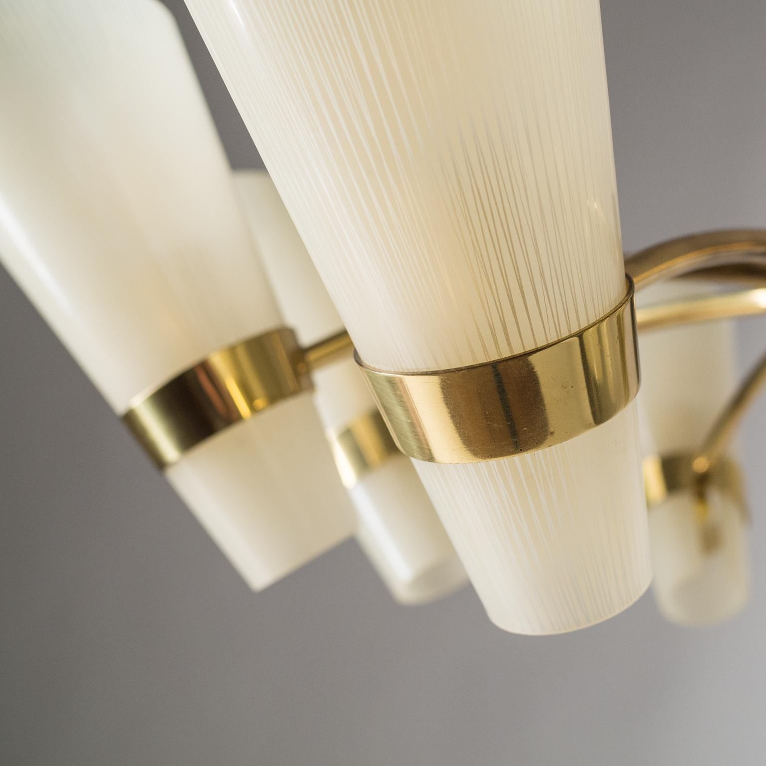 Brass Chandelier, circa 1960, Ivory Enameled Glass Shades In Good Condition In Vienna, AT