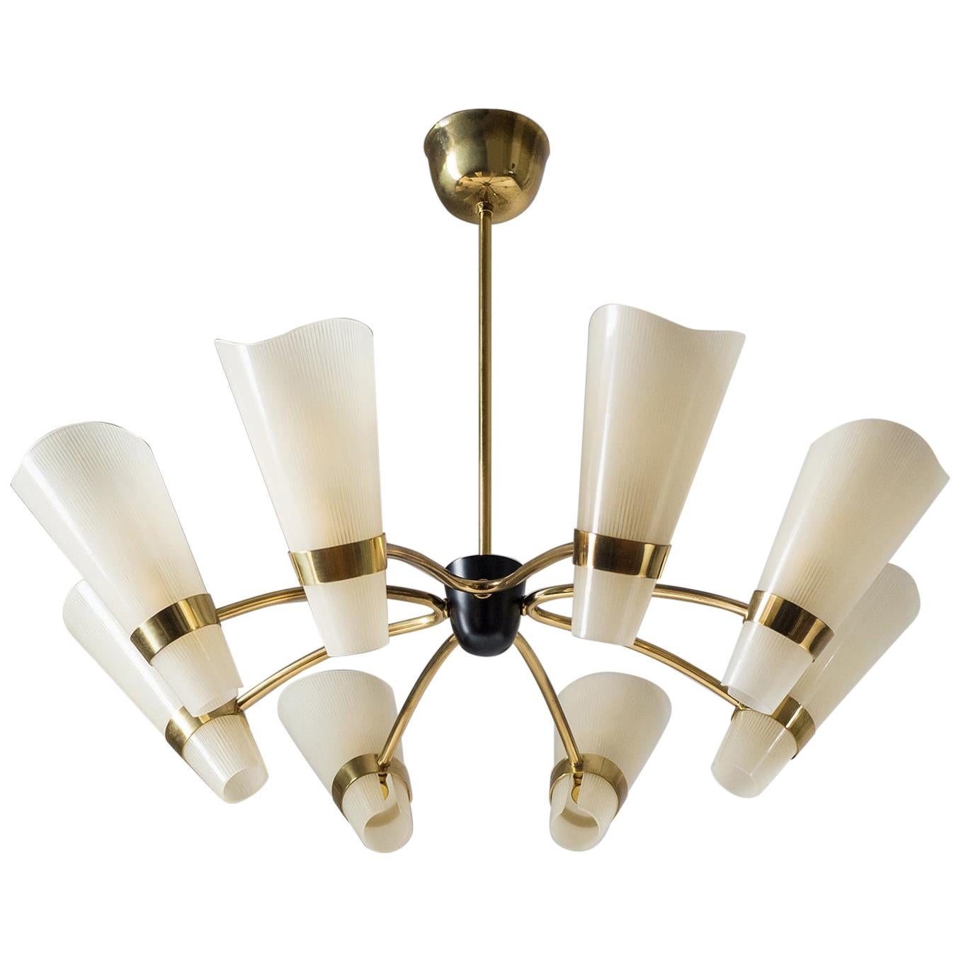 Brass Chandelier, circa 1960, Ivory Enameled Glass Shades