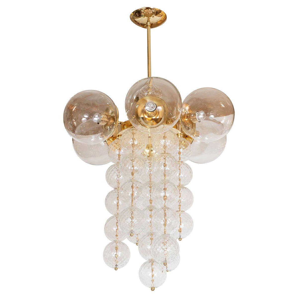 Brass Chandelier Composed of Multiple Clear and Textured Glass Ball Elements