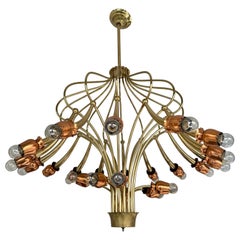 Brass Chandelier Copper Flowers, Italy, 1950s Brass Chandelier Copper Flowers, Italy, 1950s
