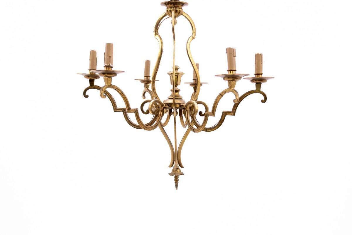 Brass chandelier from the 1950s, France. Dimensions: height 68 cm / diameter 70 cm
