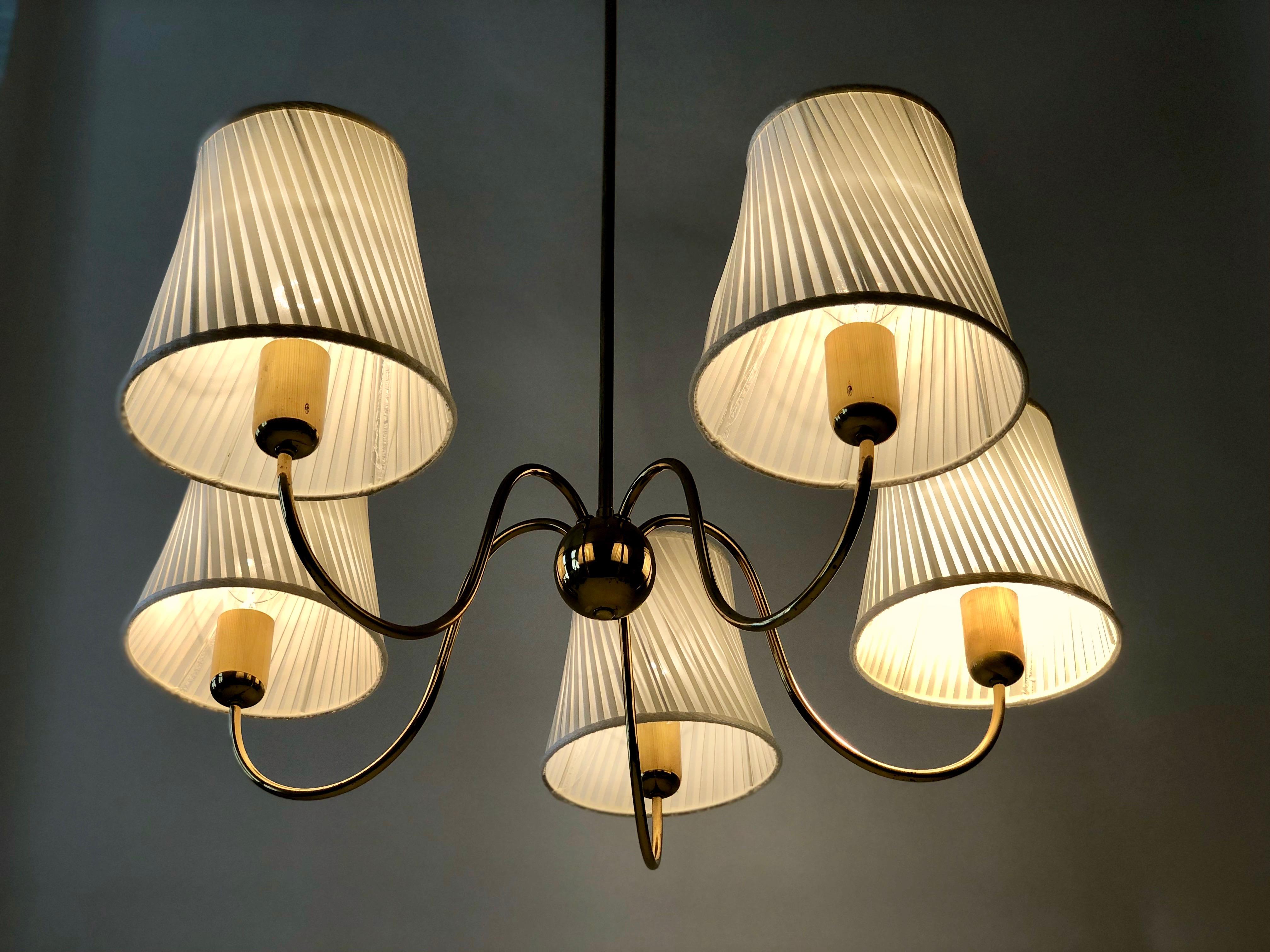 Brass Chandelier from Josef Frank with Silk Shades, Austria 7