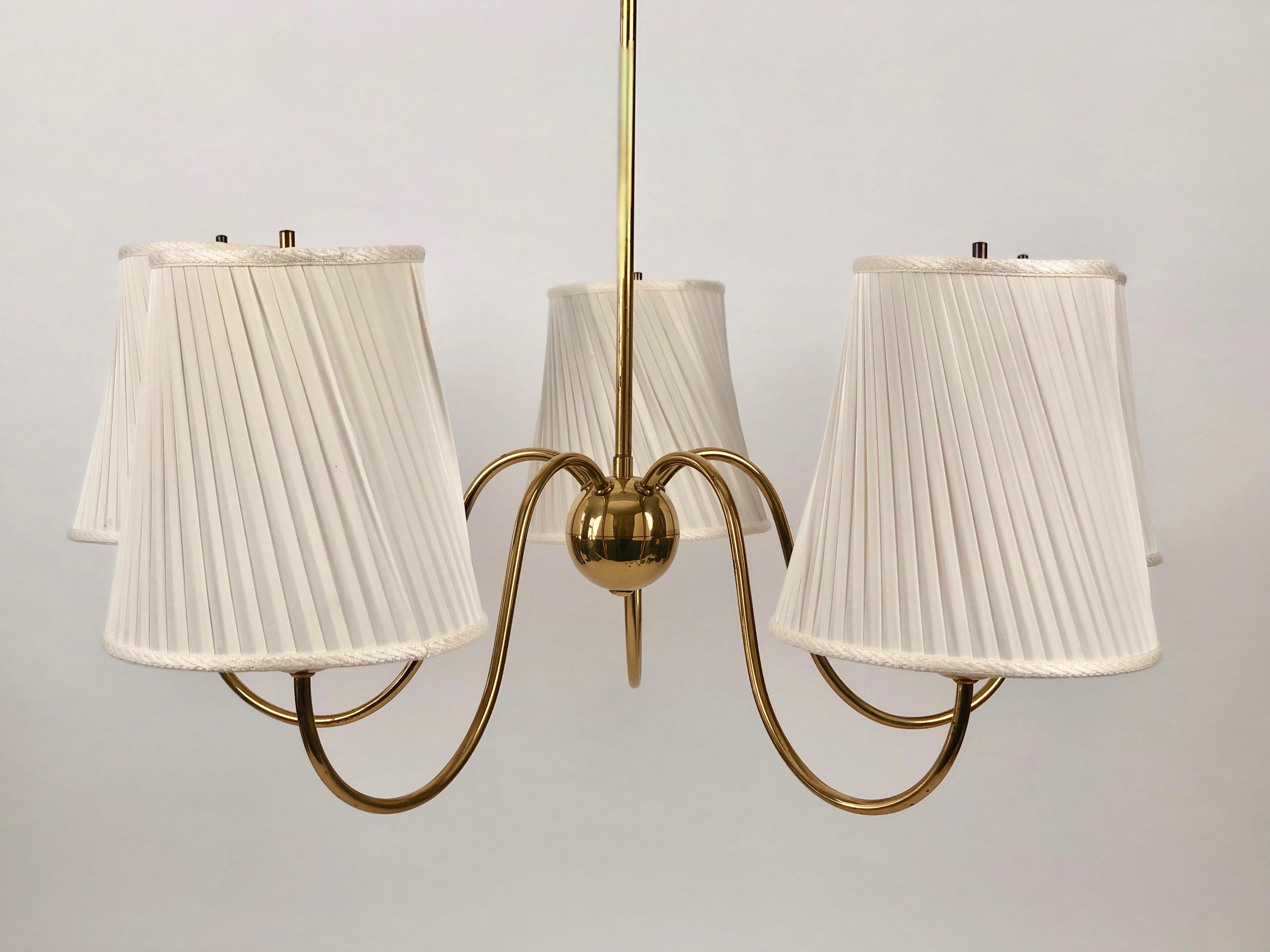 Elegant brass chandelier from Josef Frank with five arms. 
The silk shades are original and have been carefully cleaned.
 