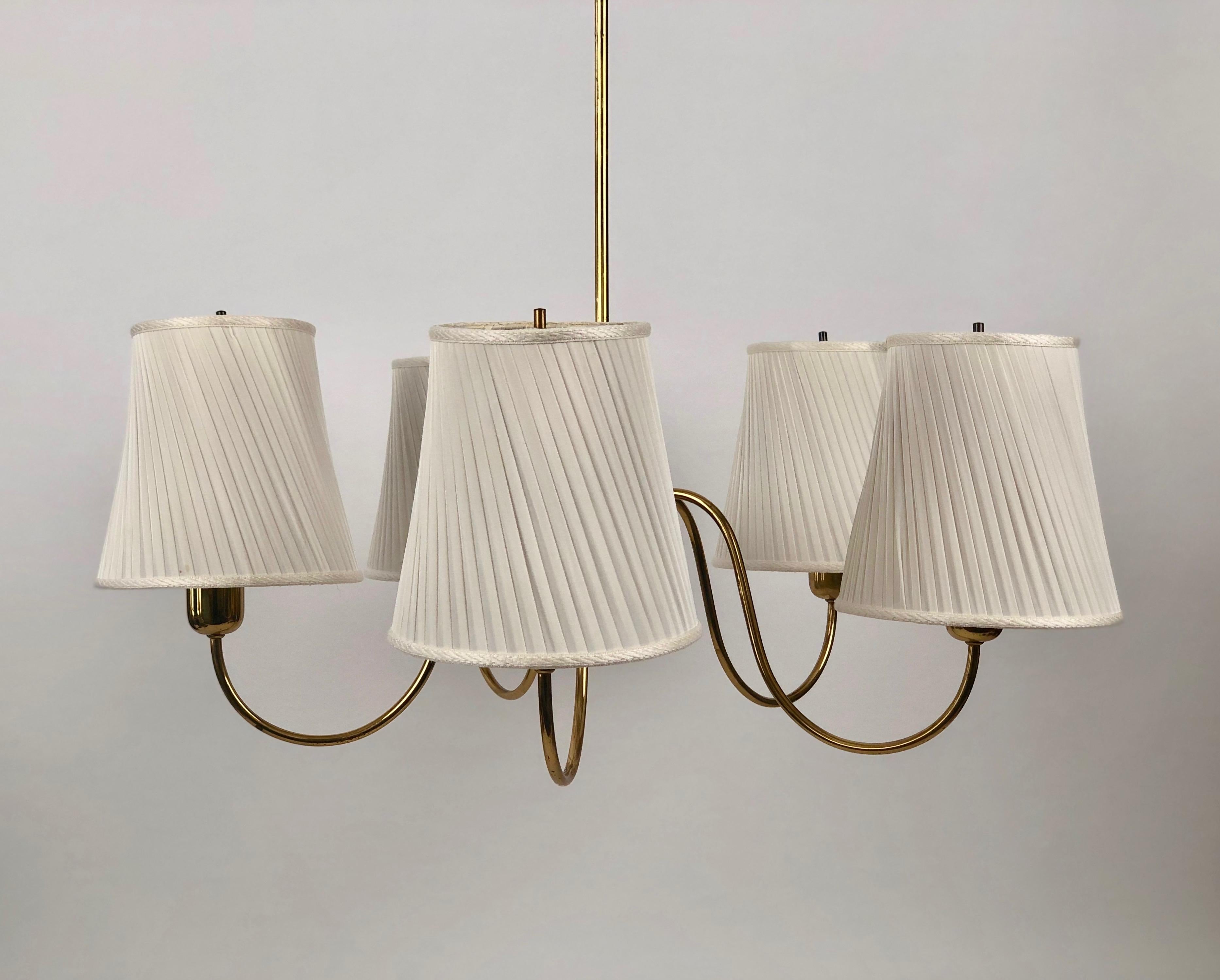 Mid-Century Modern Brass Chandelier from Josef Frank with Silk Shades, Austria