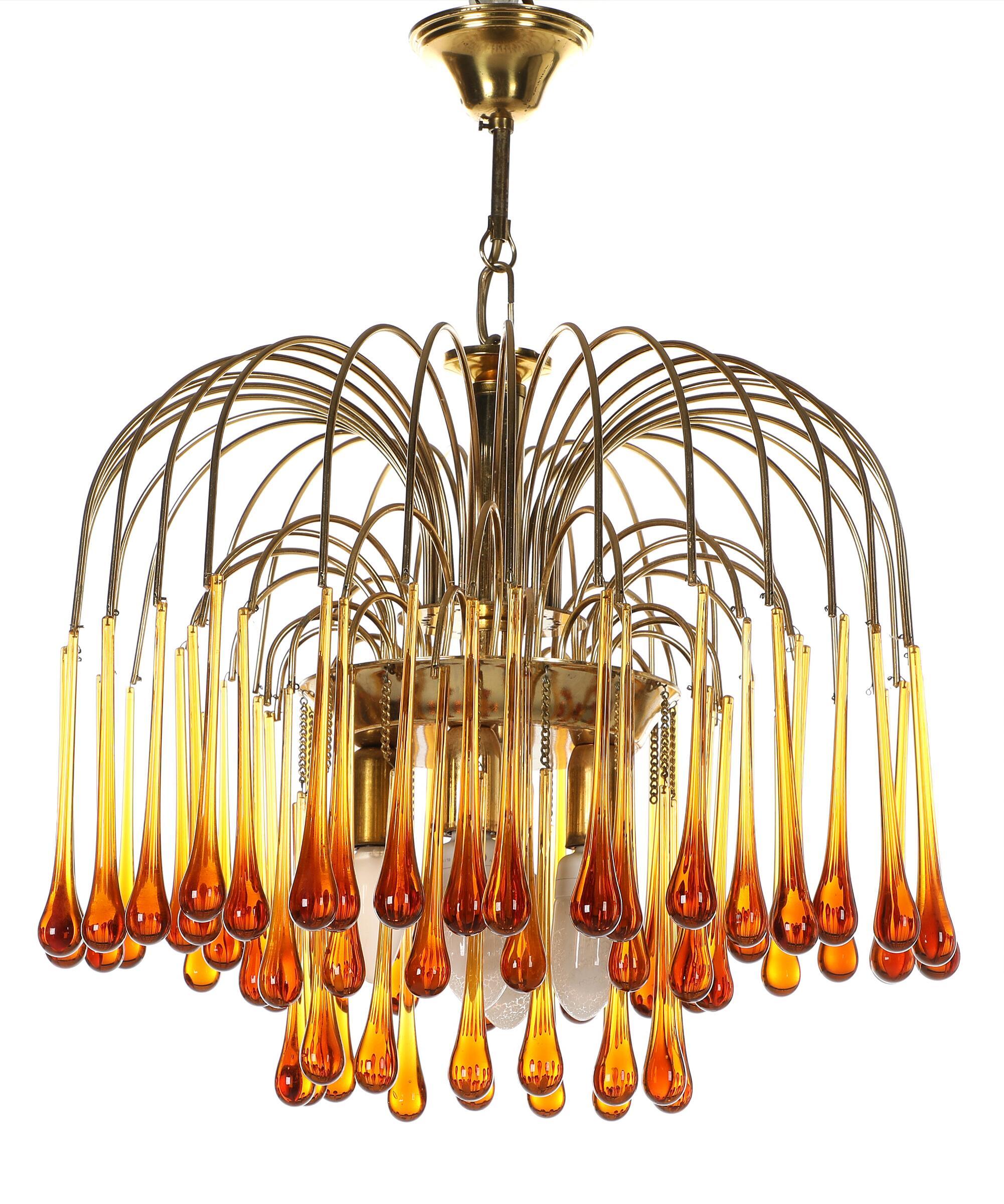 Mid-Century Modern Brass Chandelier, Hung with Drop-Shaped Prisms of Amber Glass For Sale
