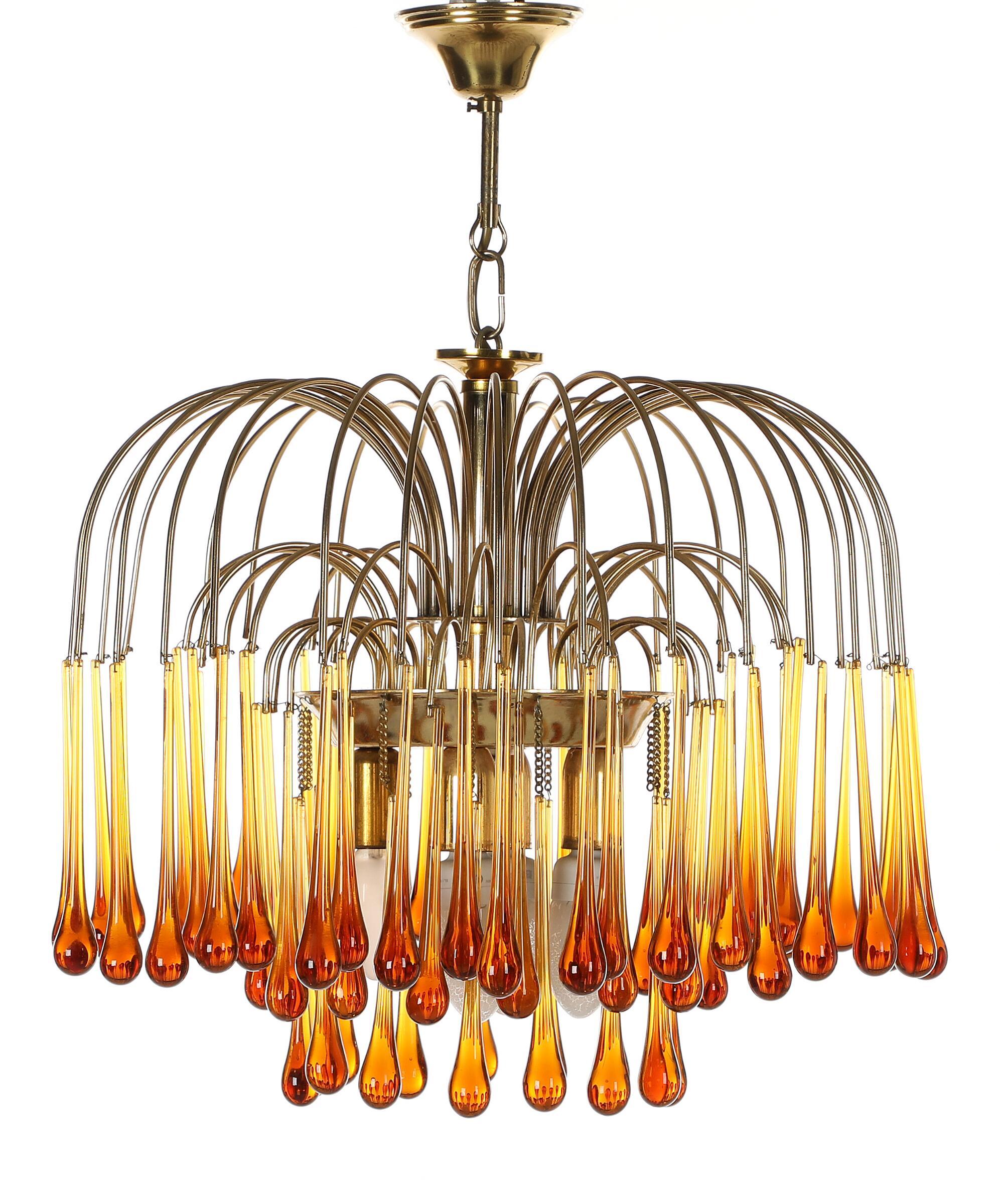 German Brass Chandelier, Hung with Drop-Shaped Prisms of Amber Glass For Sale