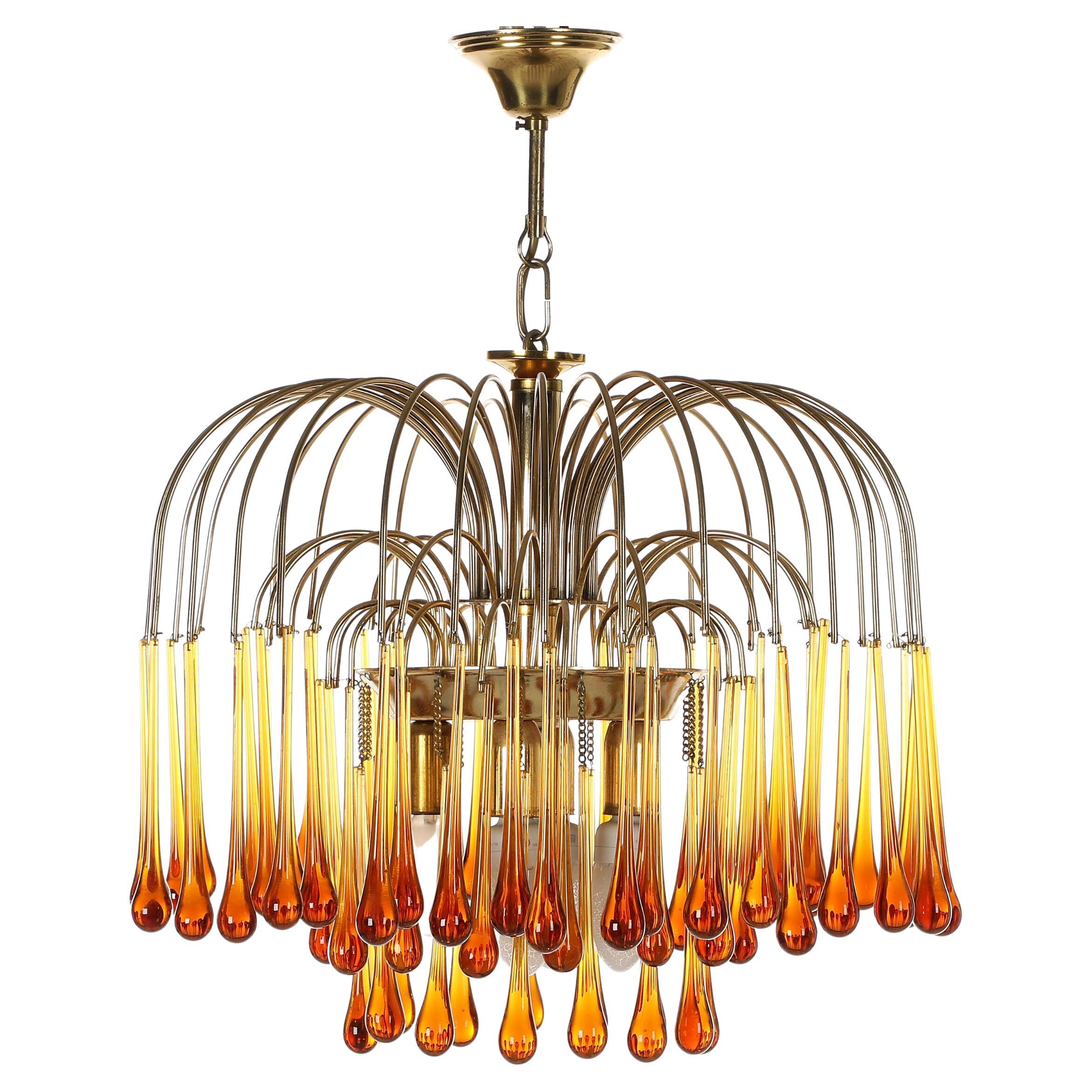 Brass Chandelier, Hung with Drop-Shaped Prisms of Amber Glass For Sale