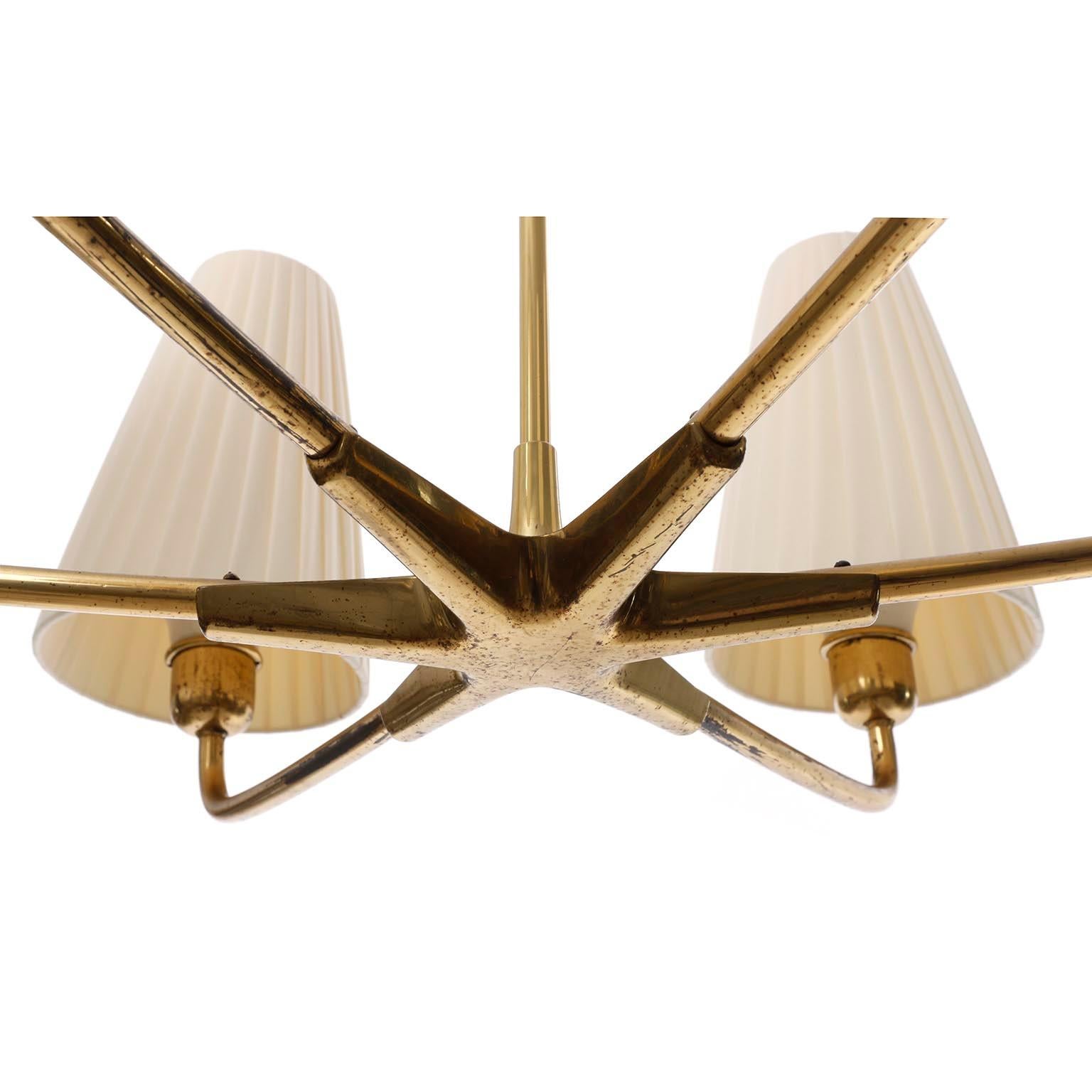 Polished Brass Chandelier Pendant Light, Pleated Cream Fabric Shades, 1930s For Sale