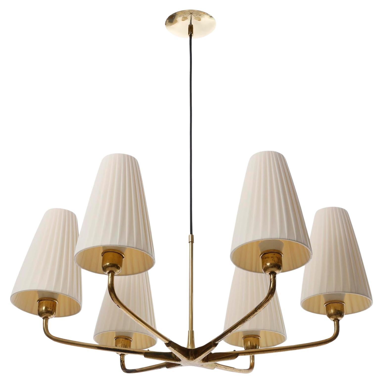 Brass Chandelier Pendant Light, Pleated Cream Fabric Shades, 1930s