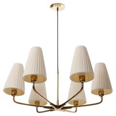 Brass Chandelier Pendant Light, Pleated Cream Fabric Shades, 1930s