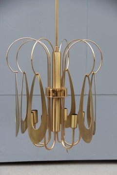 Brass Chandelier Round Brass Gold Italian Design Sculptural Minimal, 1970