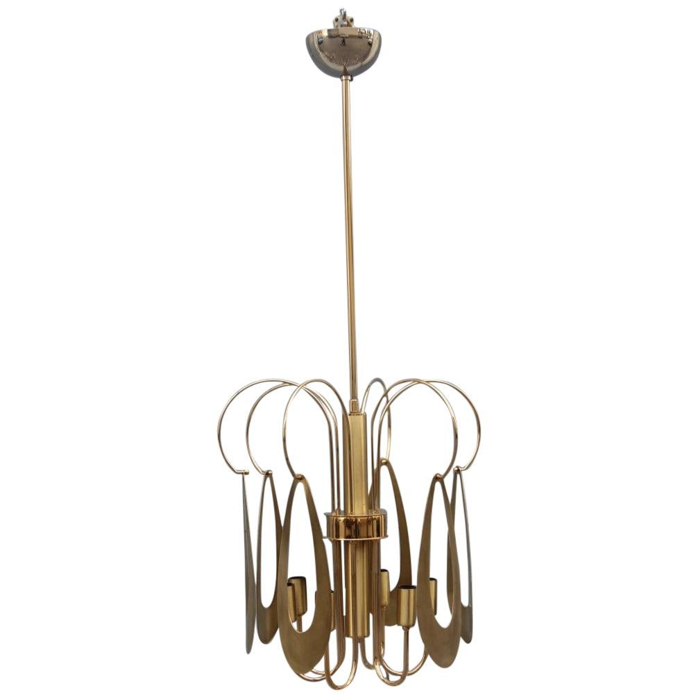 Brass Chandelier Round Brass Gold Italian Design Sculptural Minimal, 1970