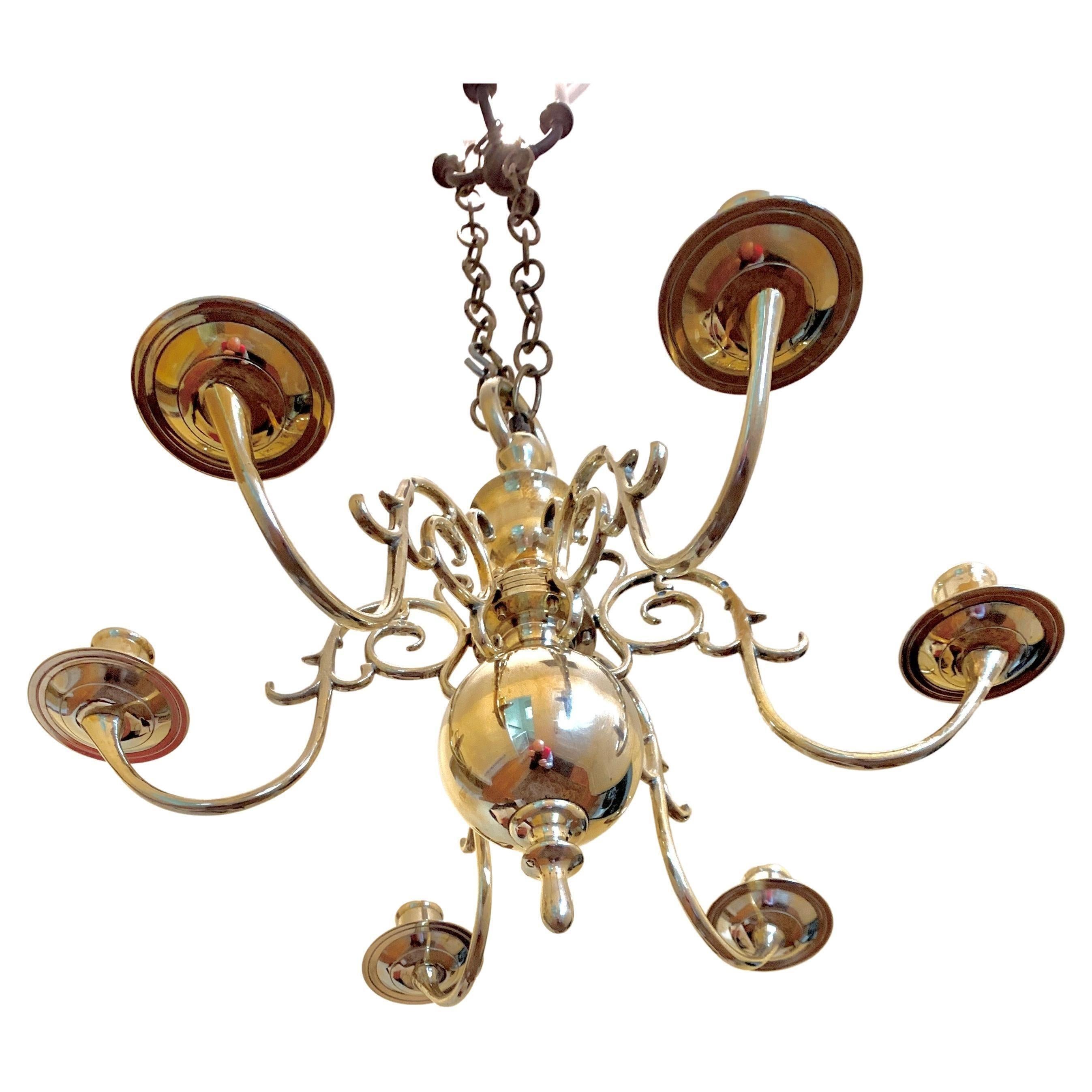 Brass Chandelier Six Light Dutch In Excellent Condition In Katonah, NY