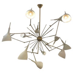 Brass Chandelier "Spider" with 12 Ivory Shades, Italy 1970s