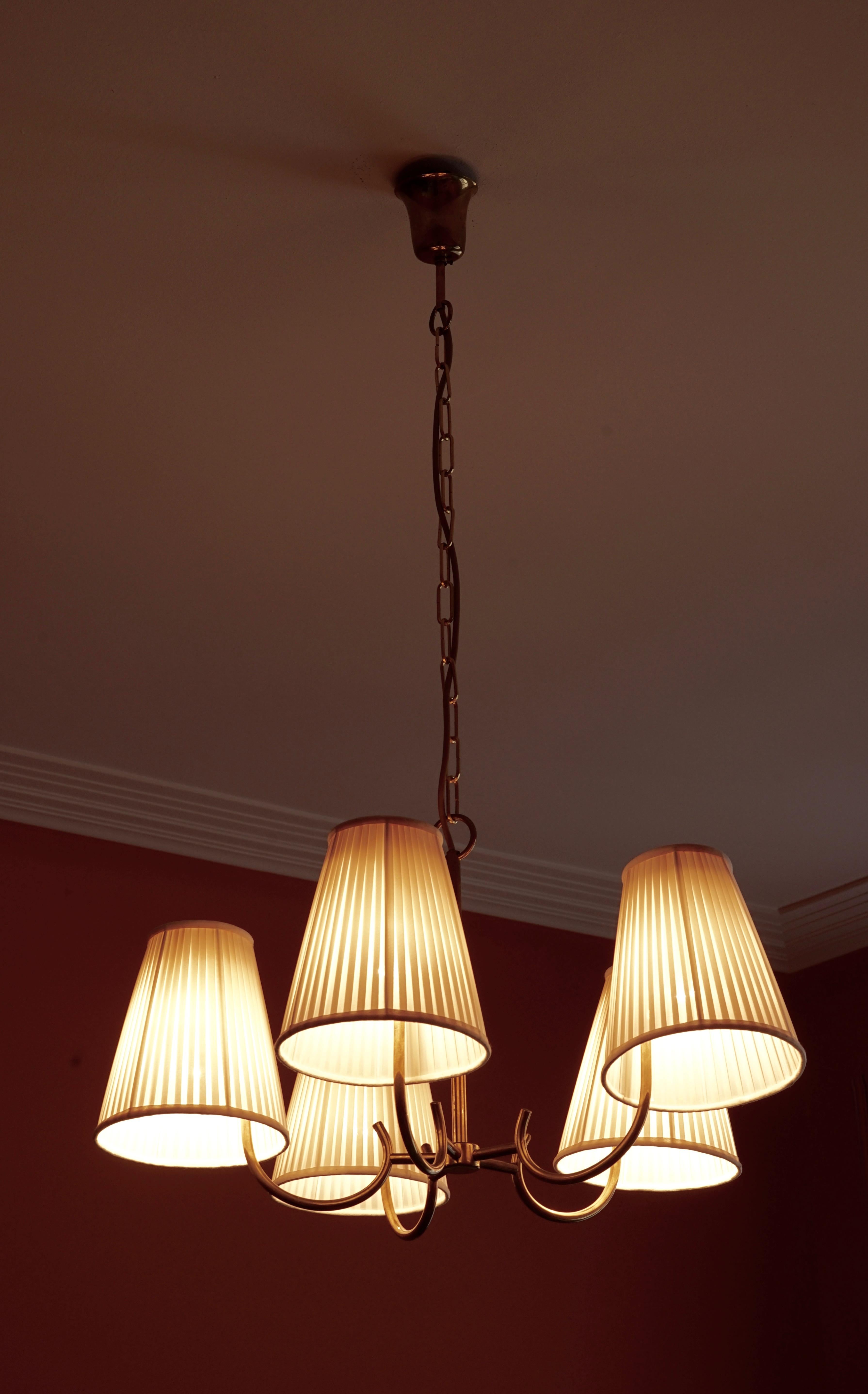 Austrian Brass Chandelier with 5 Arms and Silk Shades in Hollywood Regency Style