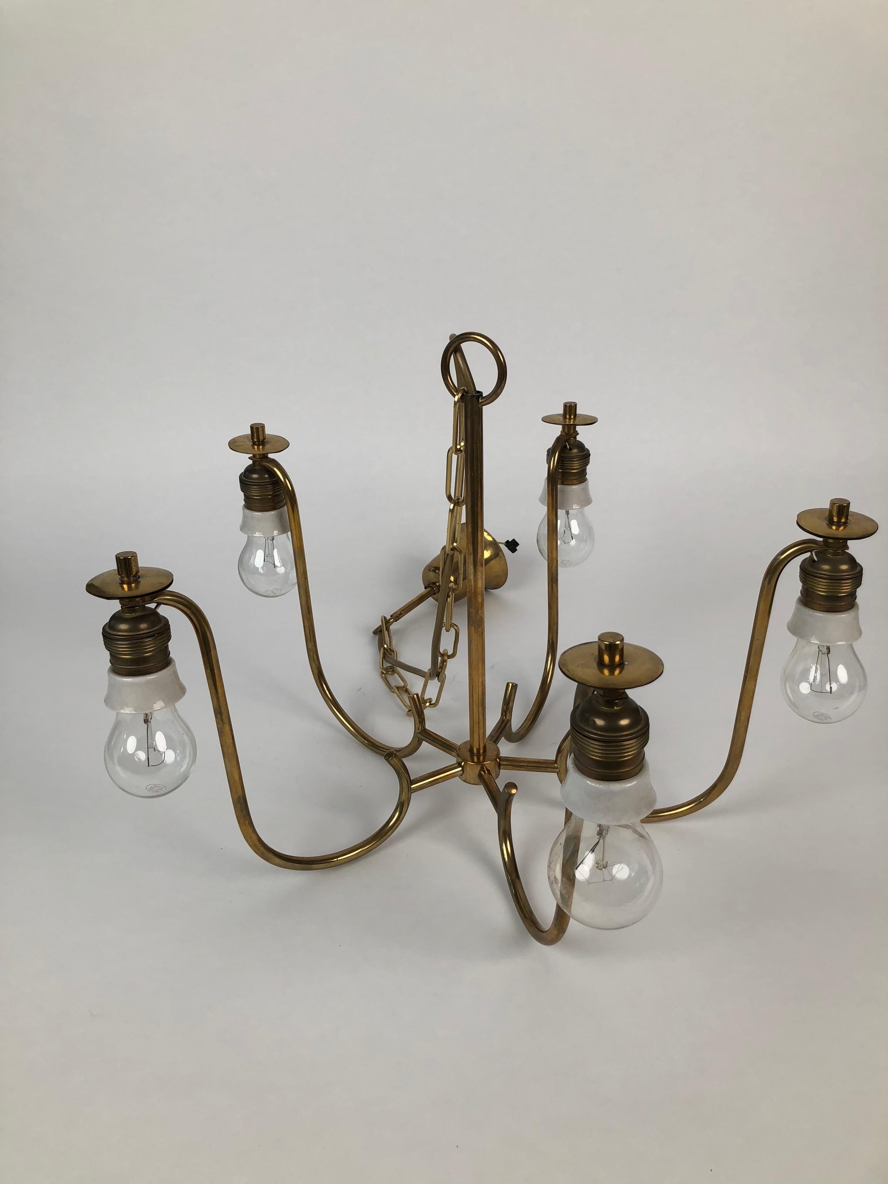 Brass Chandelier with 5 Arms and Silk Shades in Hollywood Regency Style 2