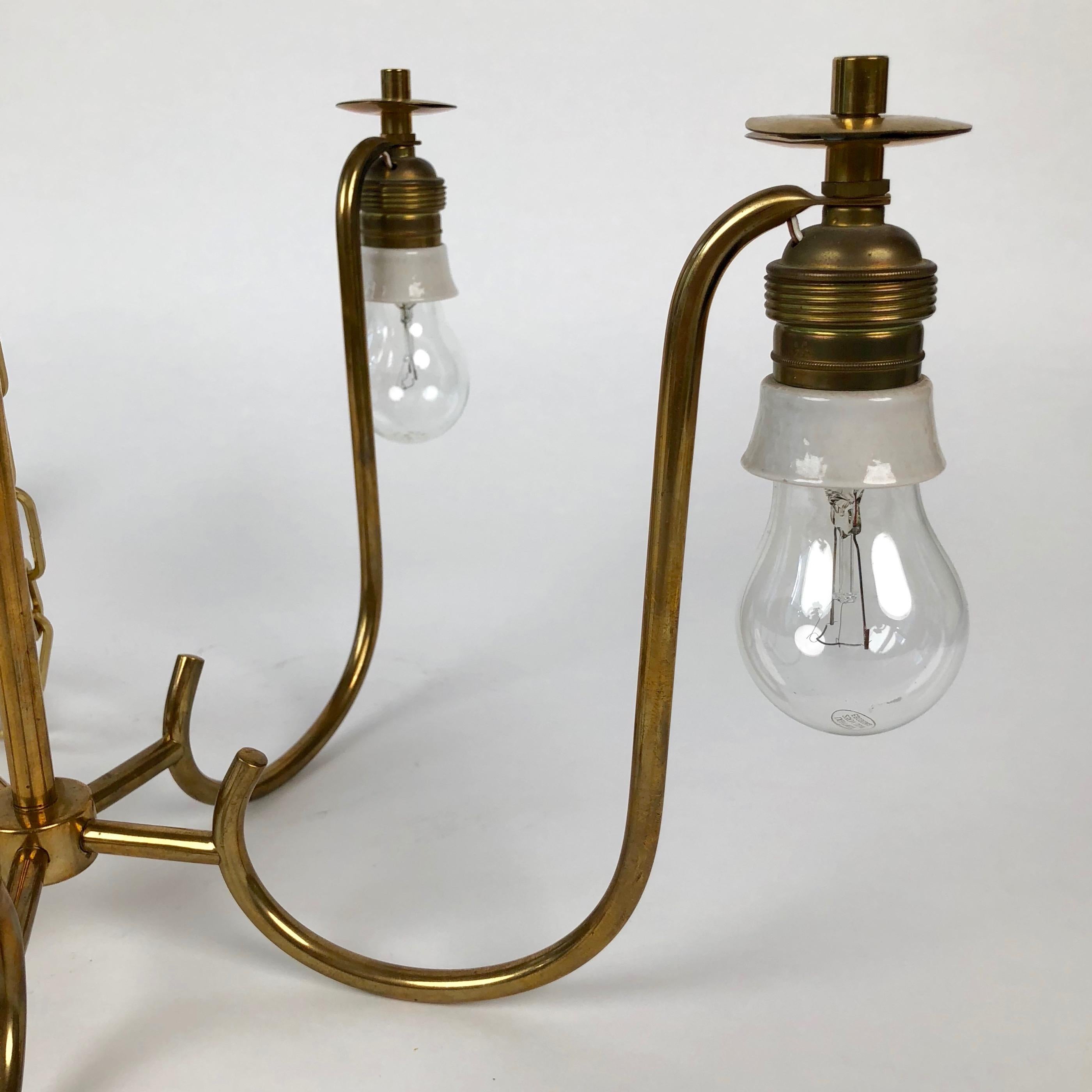 Brass Chandelier with 5 Arms and Silk Shades in Hollywood Regency Style 3