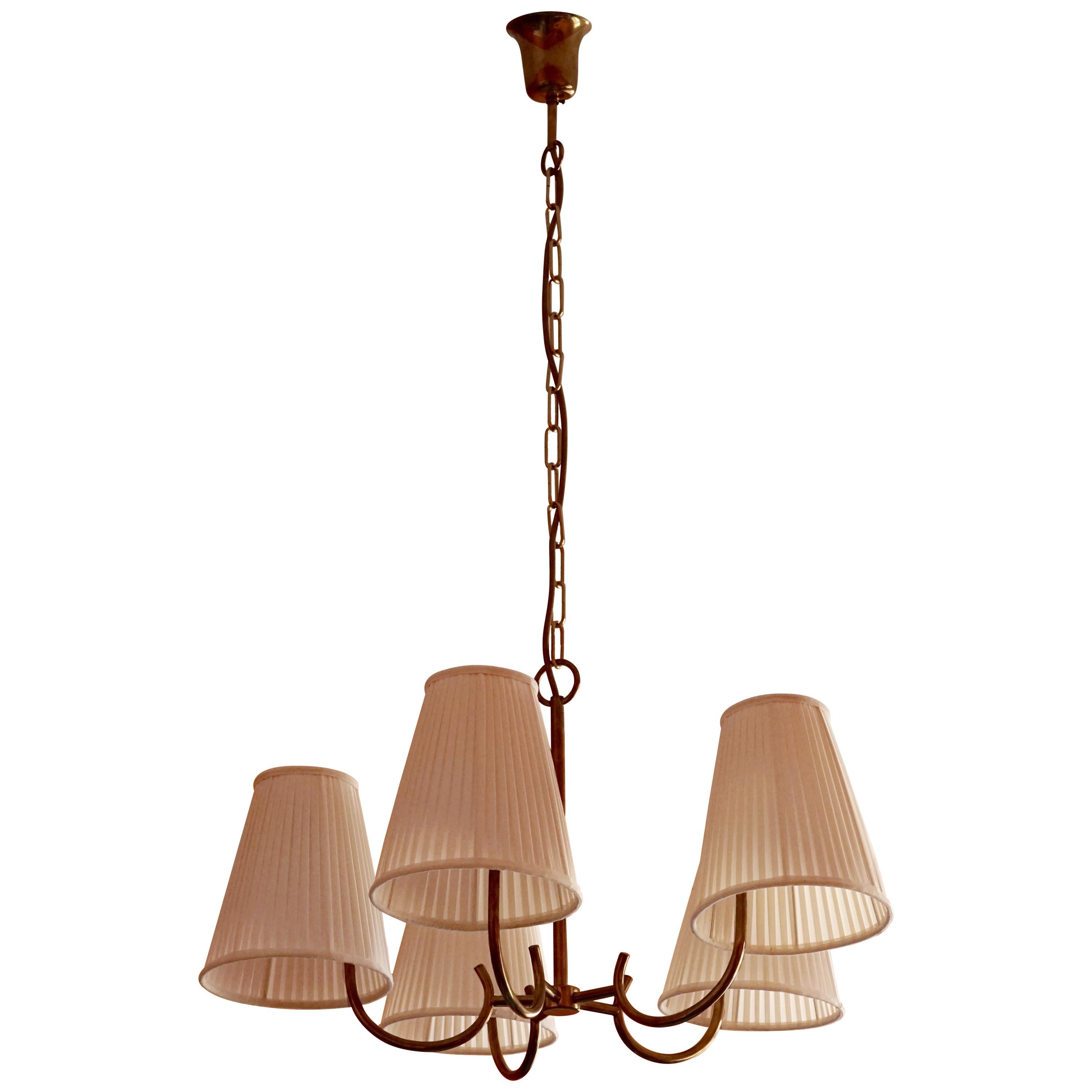 Brass Chandelier with 5 Arms and Silk Shades in Hollywood Regency Style