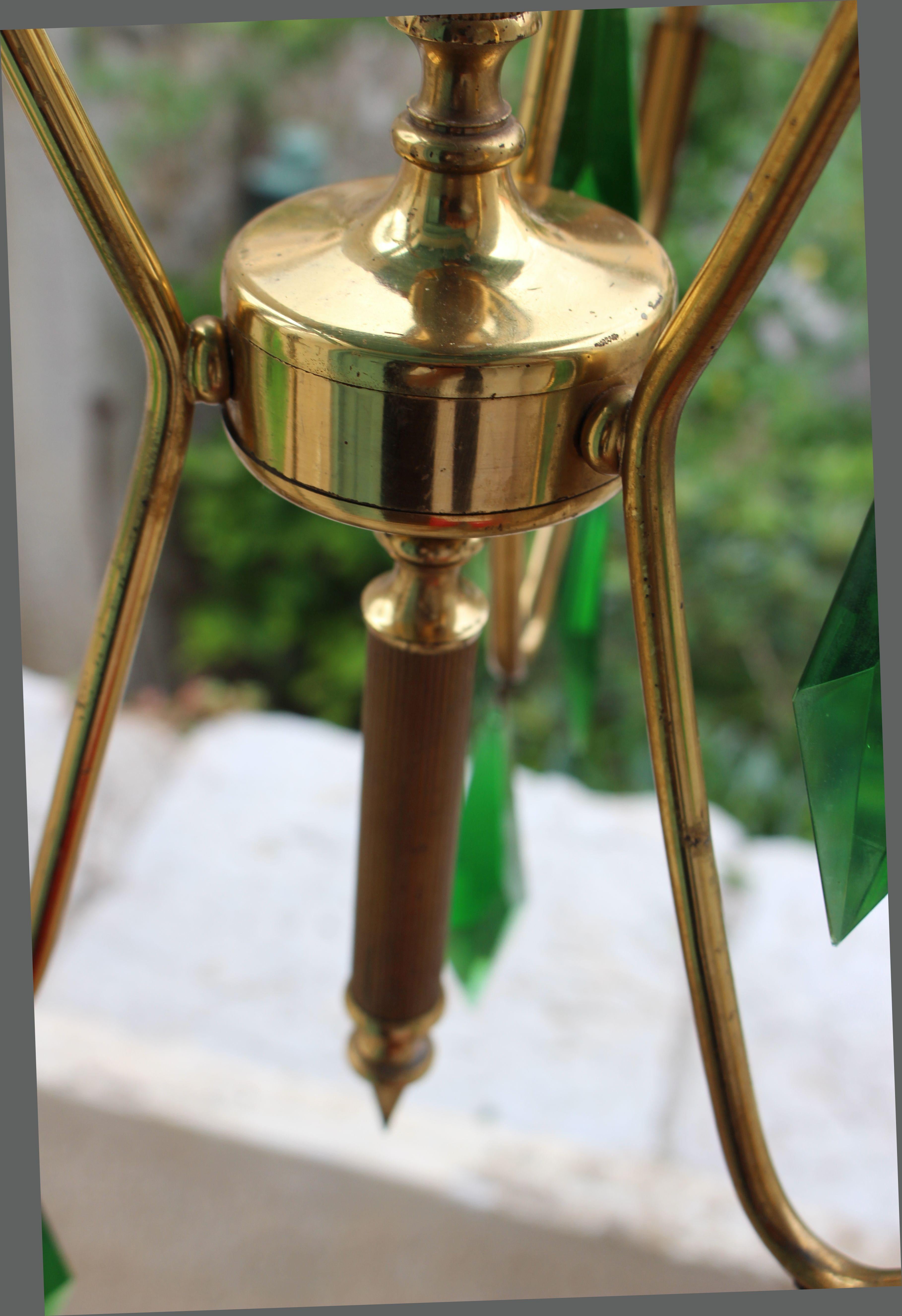 Mid-20th Century Brass Chandelier with a Murano Handcut Emerald Glass For Sale